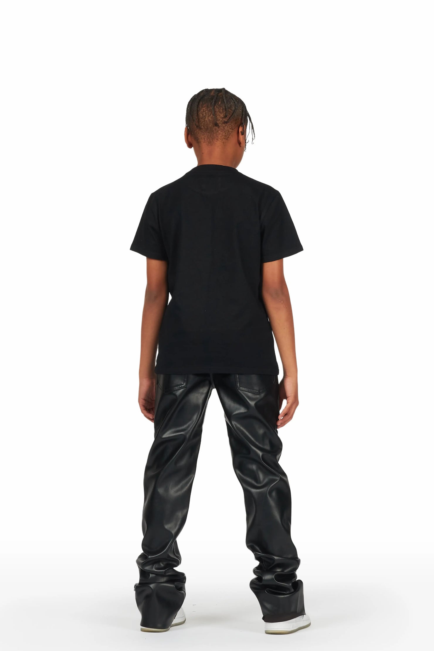 Boys Hades Black T-Shirt/Super Stacked Flare PU Jean Set