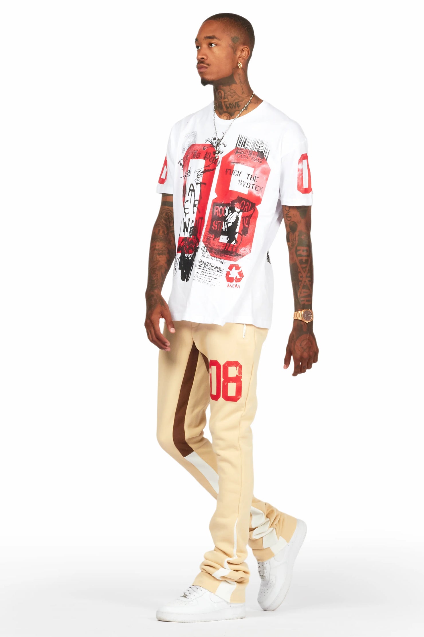 Grill White/Beige Oversized T-Shirt/Super Stacked Track Set