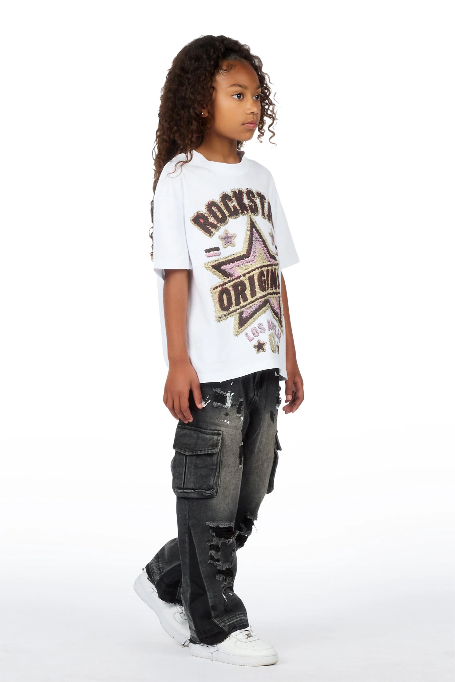 Girls Basiliskie White/Dark Grey T-Shirt Baggy Jean Set