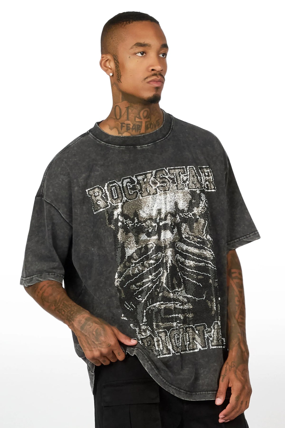 Move In Silence Black Rhinestone Oversized Graphic T-Shirt
