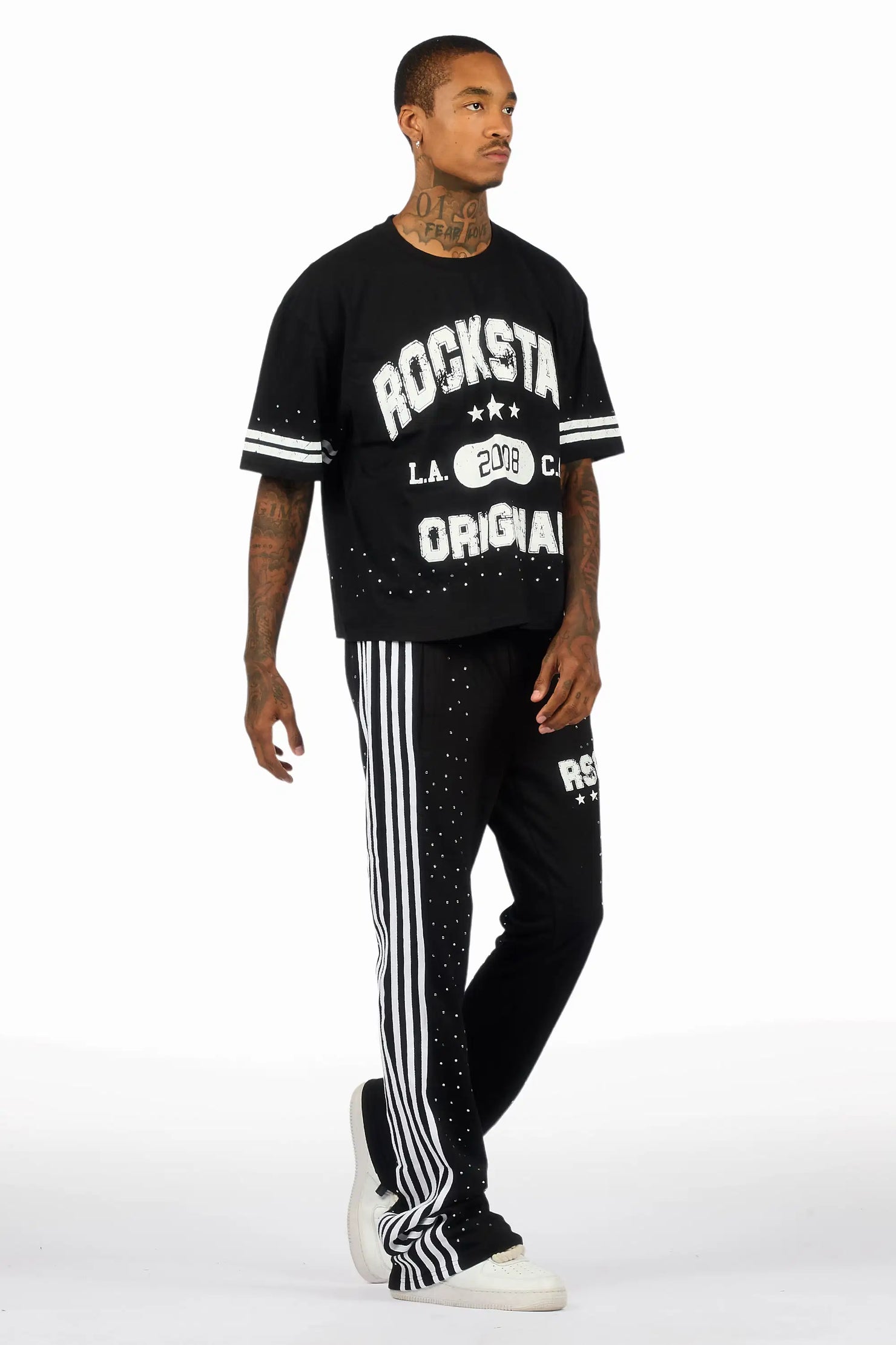 Tylla Black Rhinestone T-Shirt/Baggy Stacked Track Set