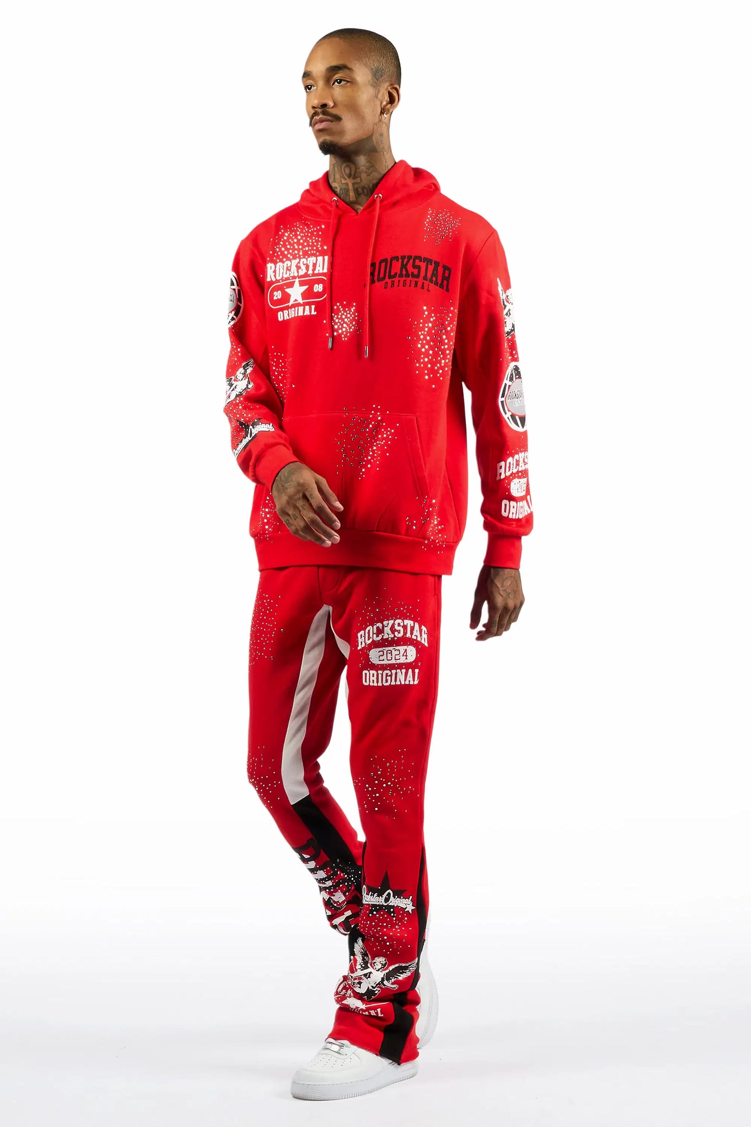 Gutta 2.0 Red Rhinestone Hoodie/Stacked Flare Track Set