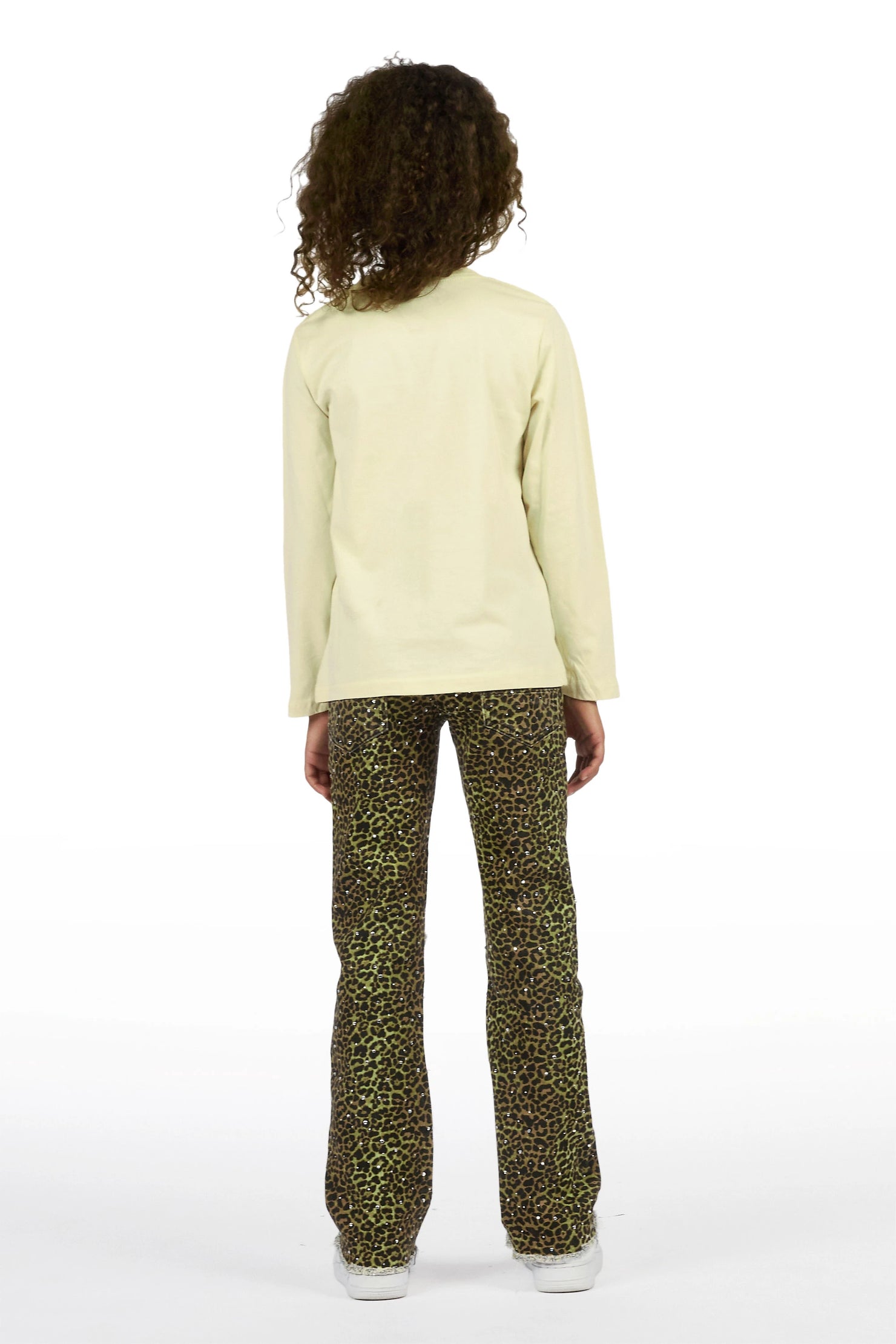 Girls Kearnly Sand/Cheetah Long Sleeve T-Shirt Rhinestone Jean Set