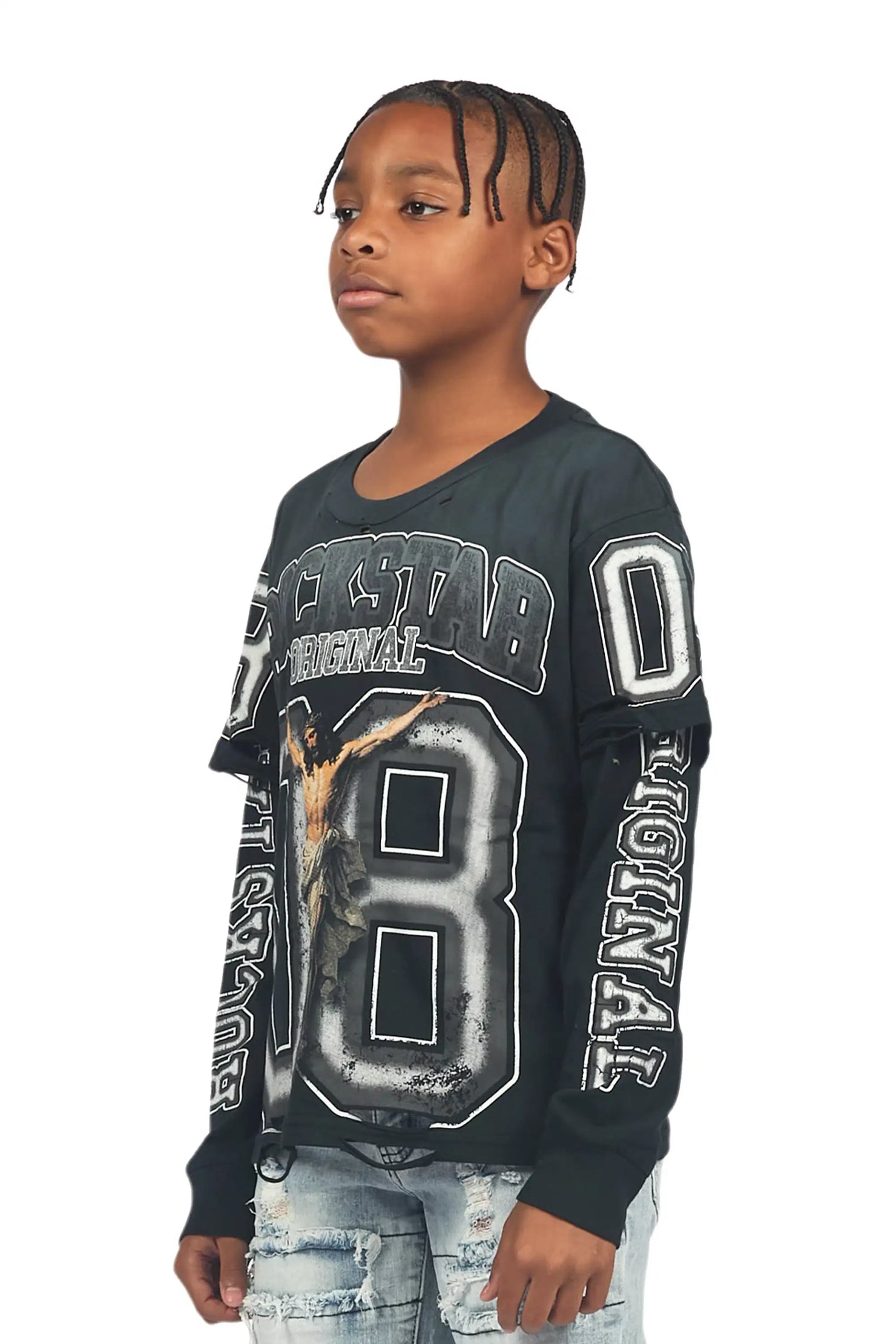 Boys Fields Black/White Double Layer L/S Graphic T-Shirt