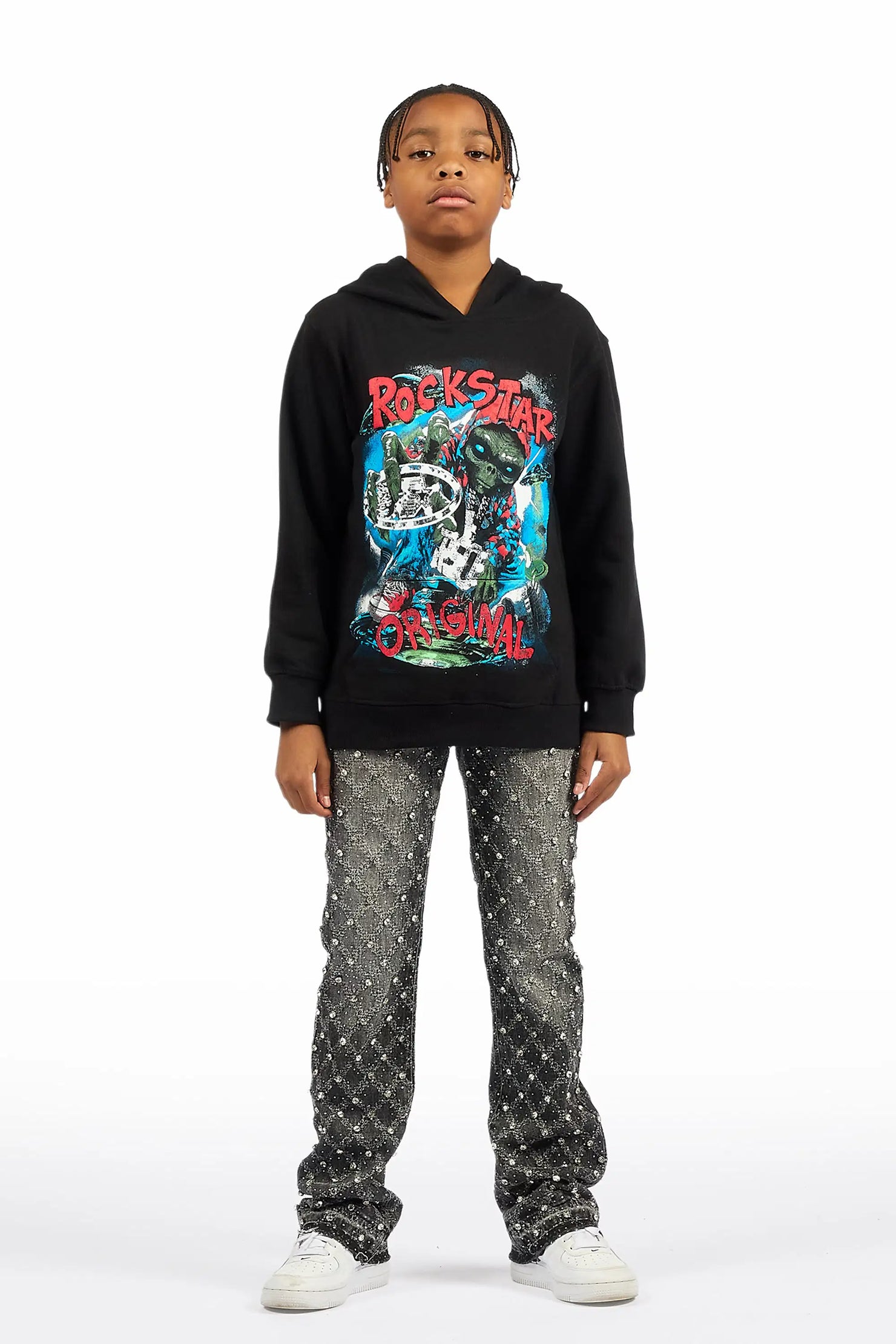 Boys Glit Grey Rhinestone Stacked Flare Jean