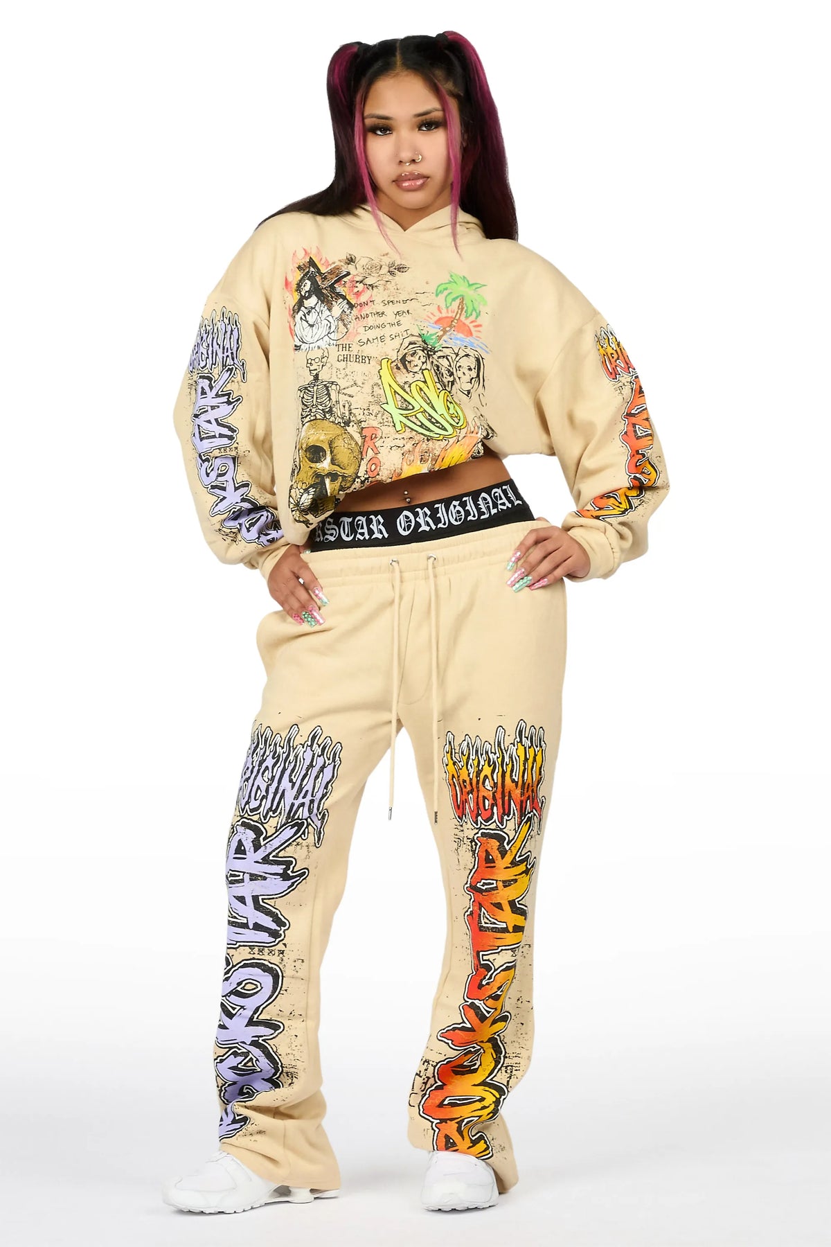 Luxoré Beige Graphic Baggy Fit Track Set