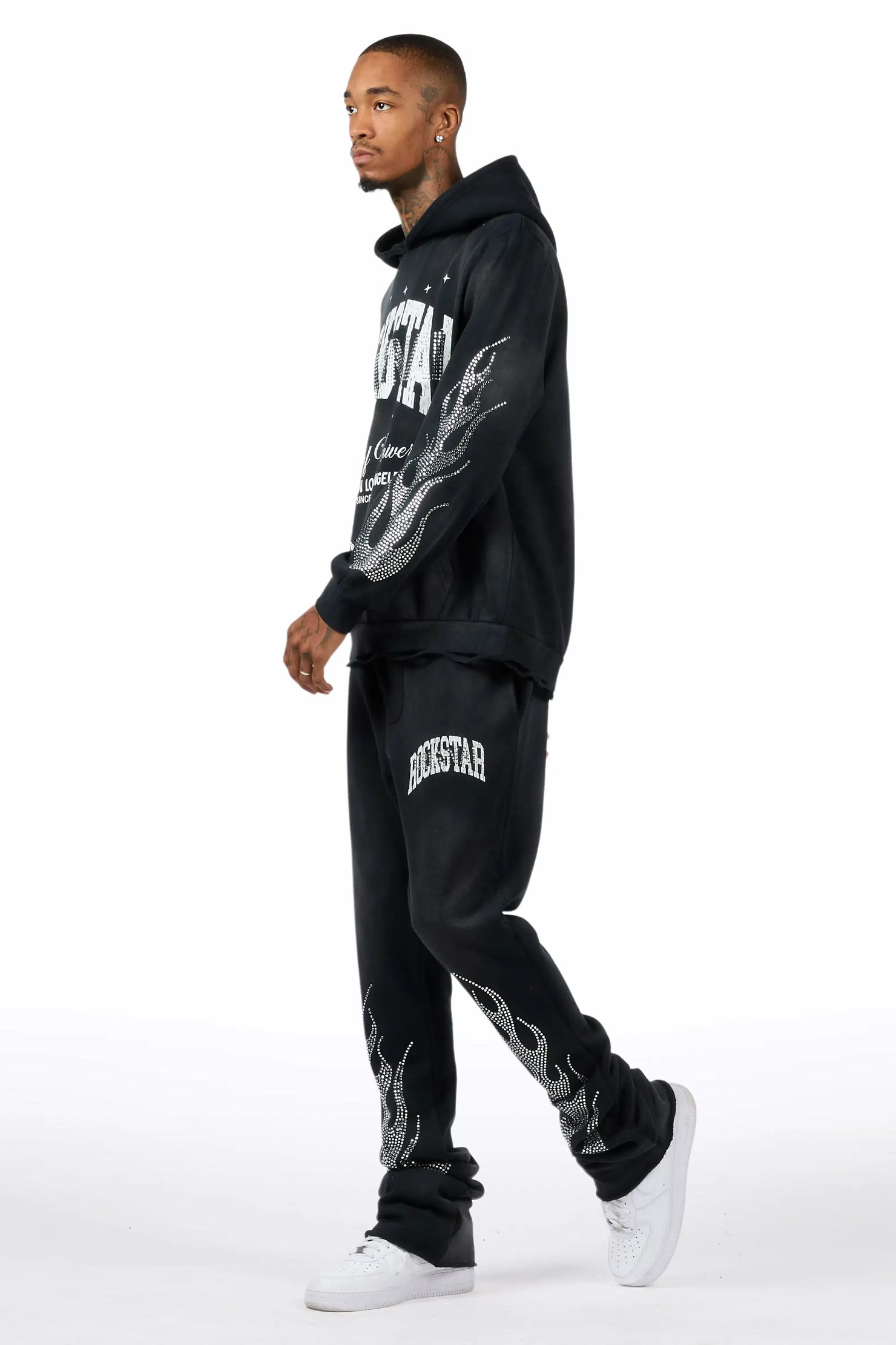 Strass Black Rhinestone Hoodie/Stacked Pant Track Set