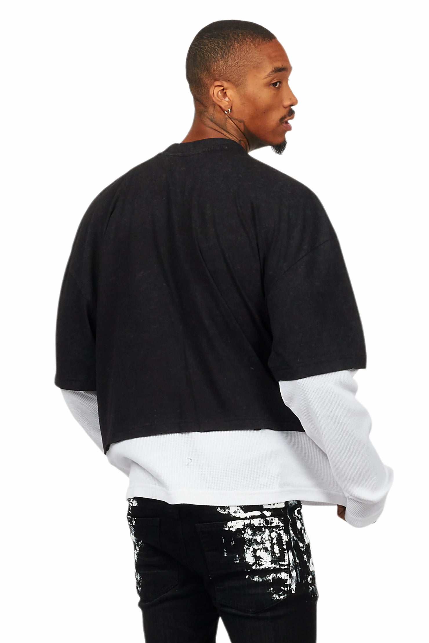 Bence Vintage Black Thermal Double Layer Boxy Crop T-Shirt