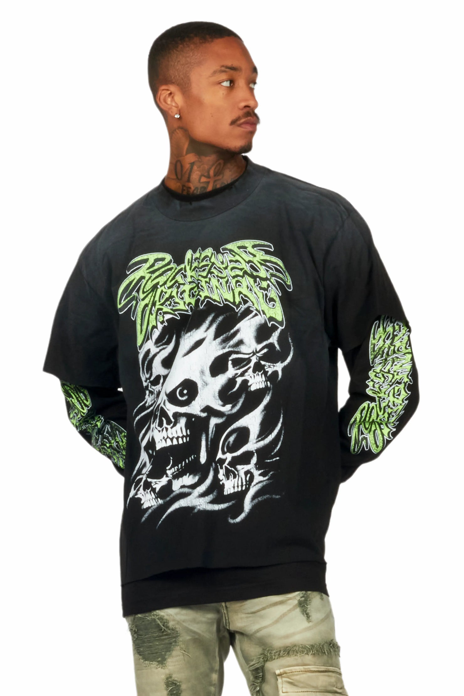Schtupp Black Double Layer Long Sleeve Graphic T-Shirt