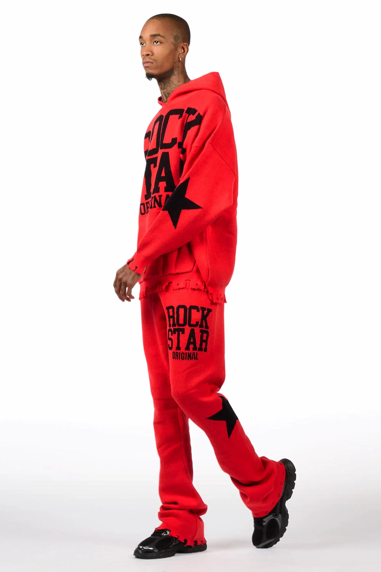 Outlaw Red Hoodie Stacked Flare Knitted Set