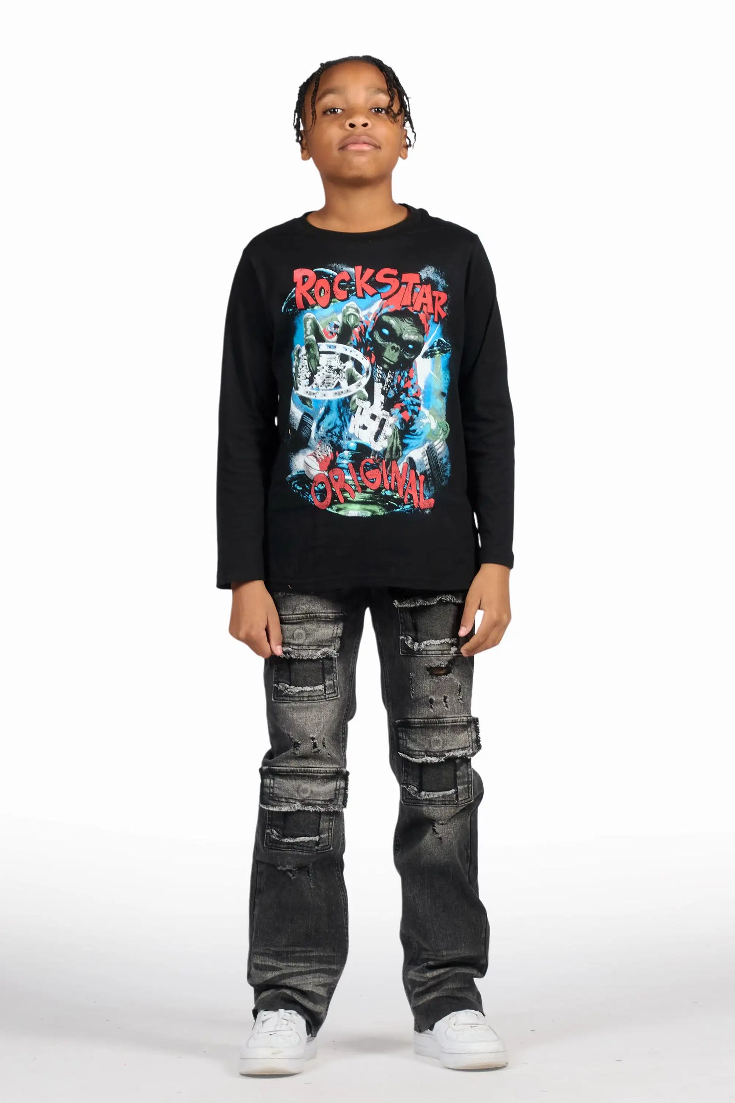 Boys Petrus Black Stacked Flare Jean