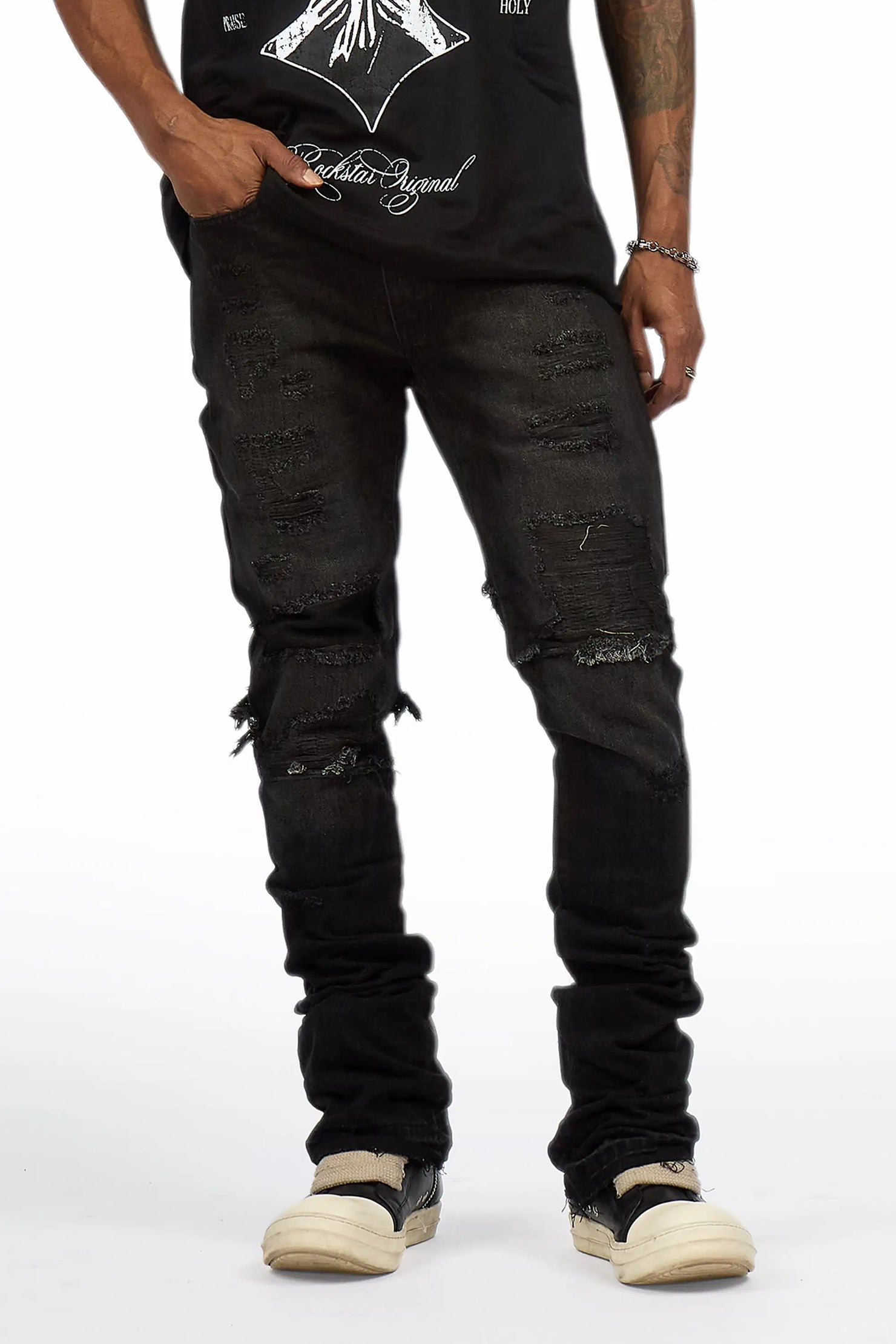 Foreign Dark Grey Wash Stacked Flare Jean