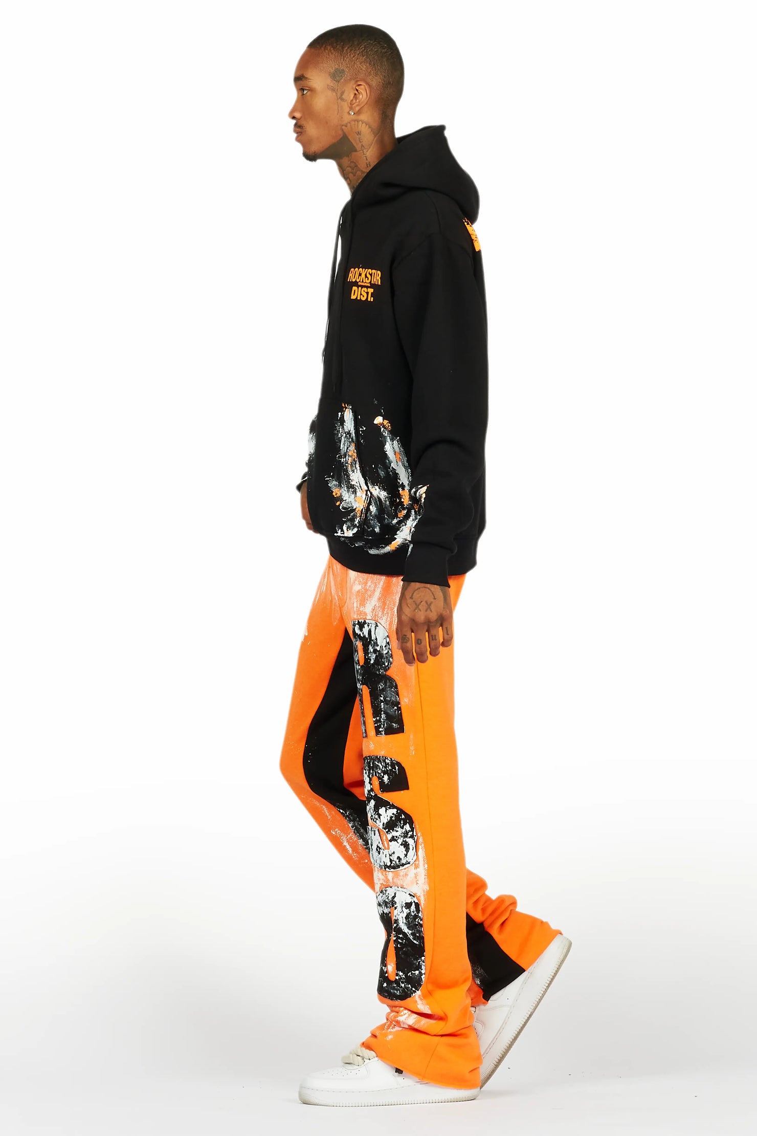 Folly Black/Orange Hoodie/Baggy Stacked Flare Pant Set