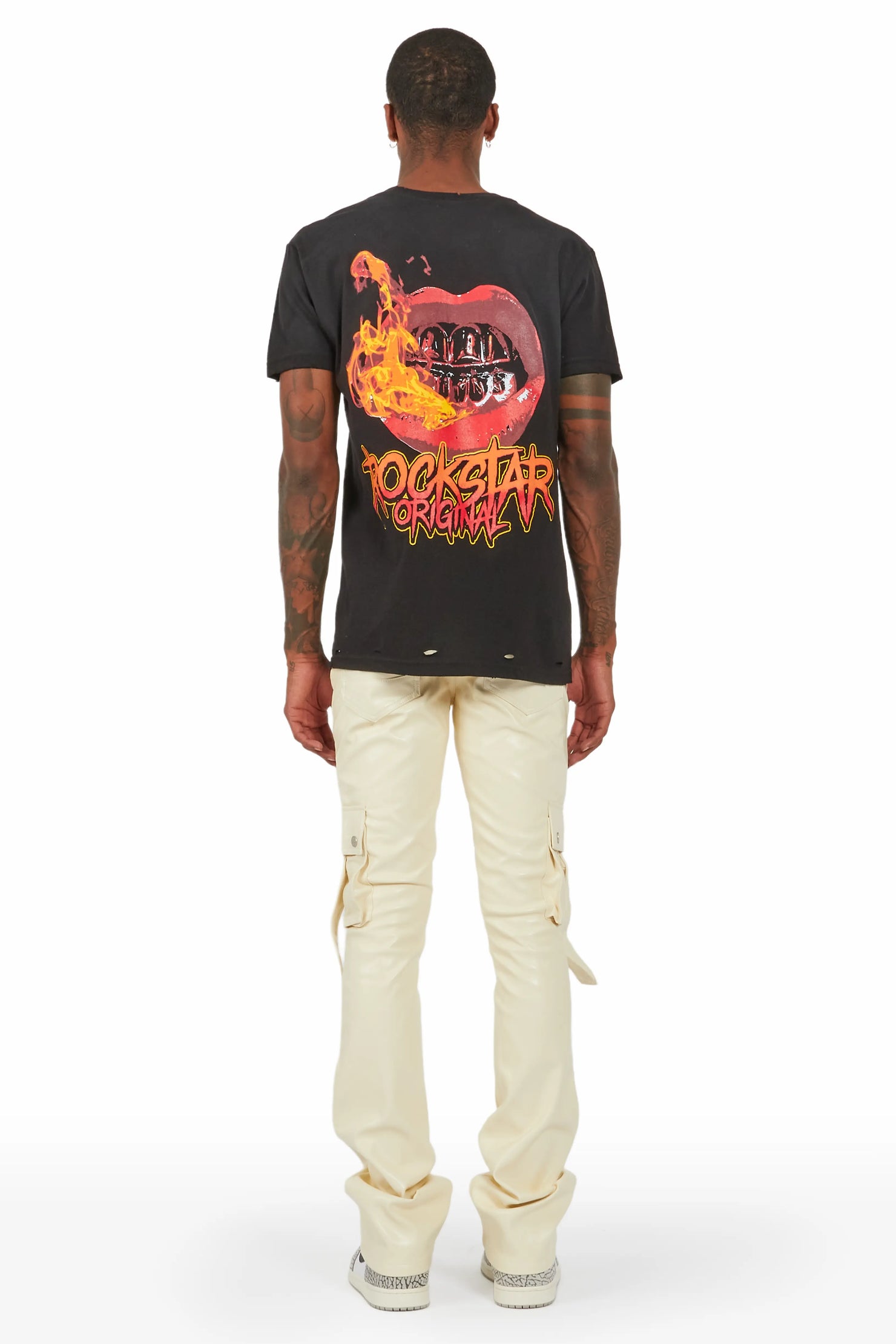 Errol Cream Faux Leather Stacked Cargo Jean