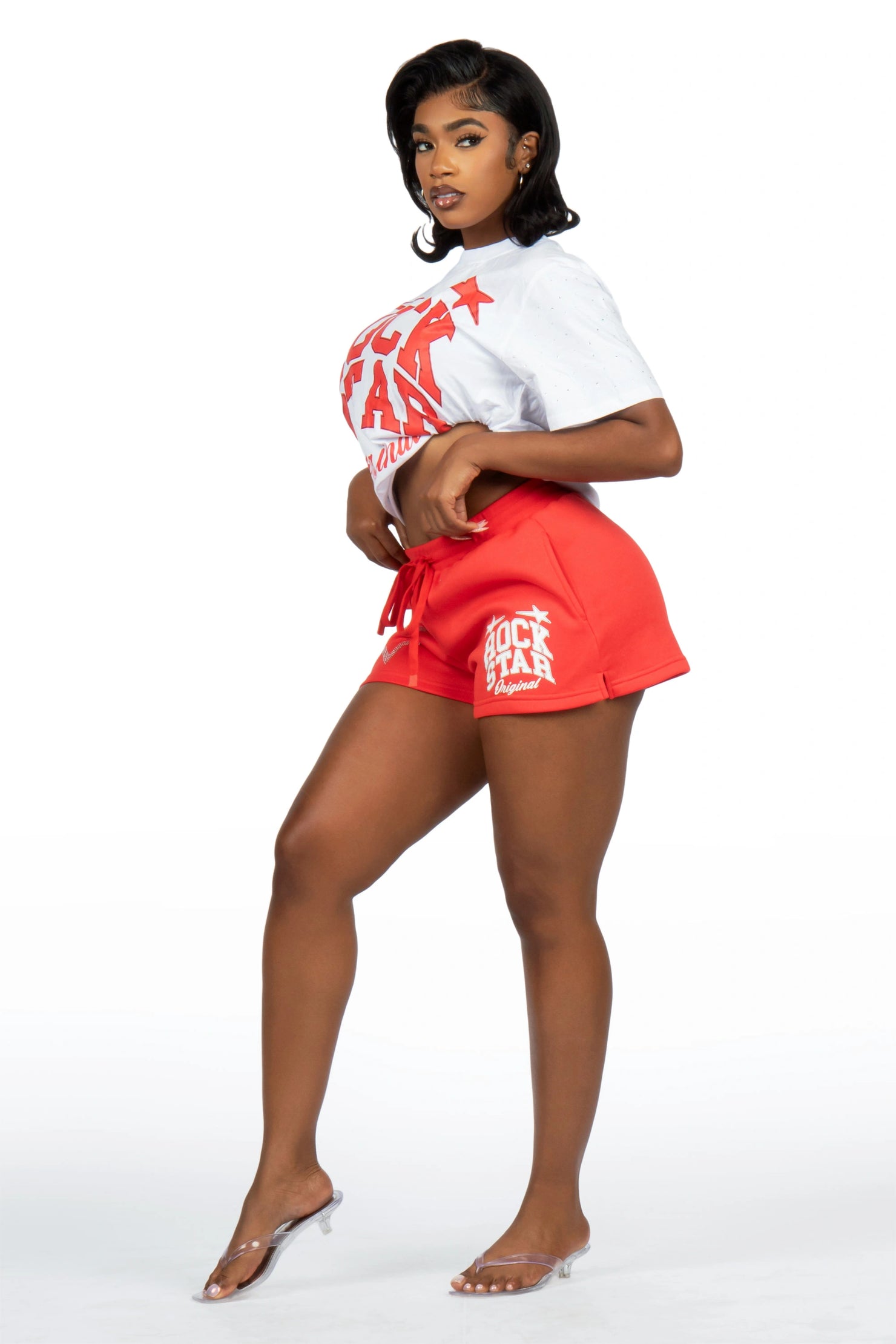 Flaveya White/Red Rhinestone T-Shirt Short Set
