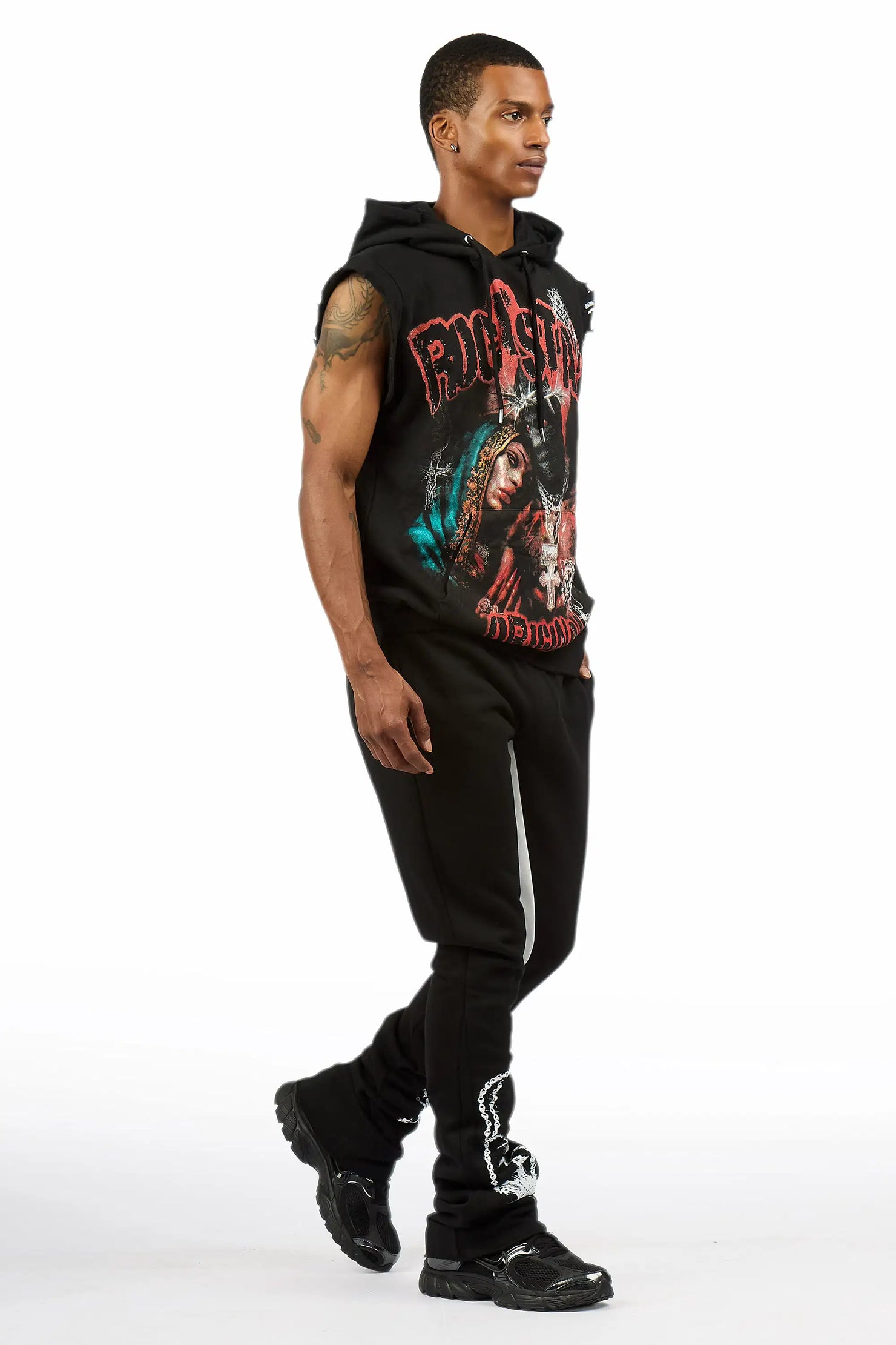 Vontae Black/Red Cut Sleeve Hoodie/Stacked Flare Track Set