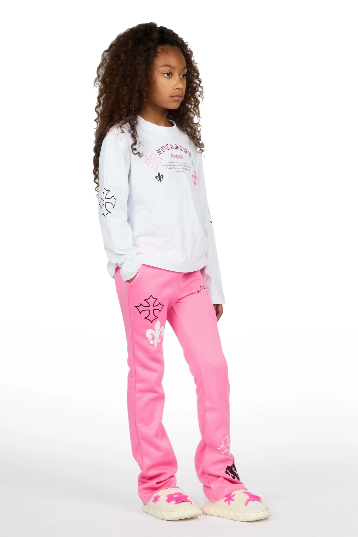 Girls Deshunique White/Pink Long Sleeve T-Shirt Track Set