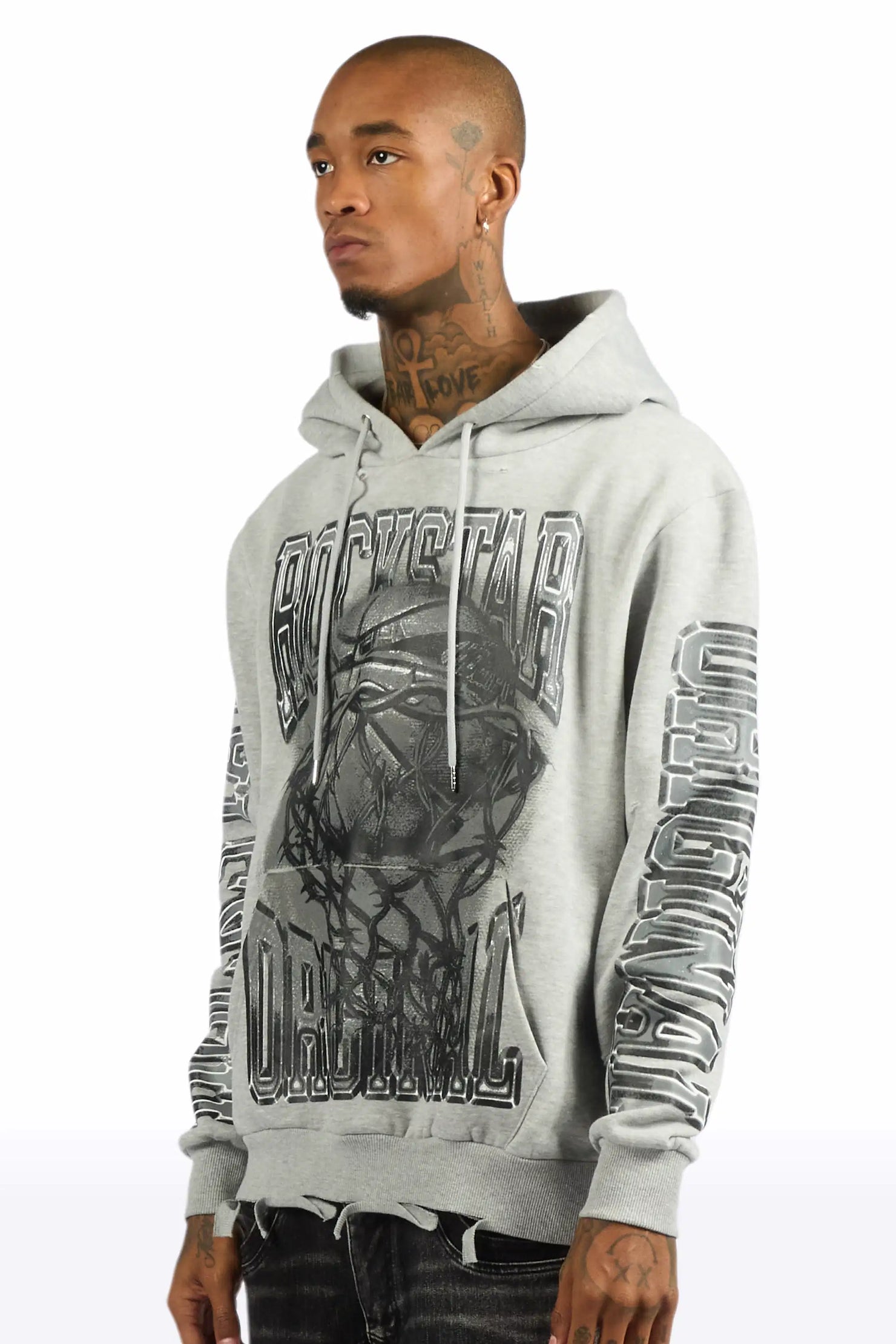 Rleague Grey Distressed Graphic Relaxed Hoodie