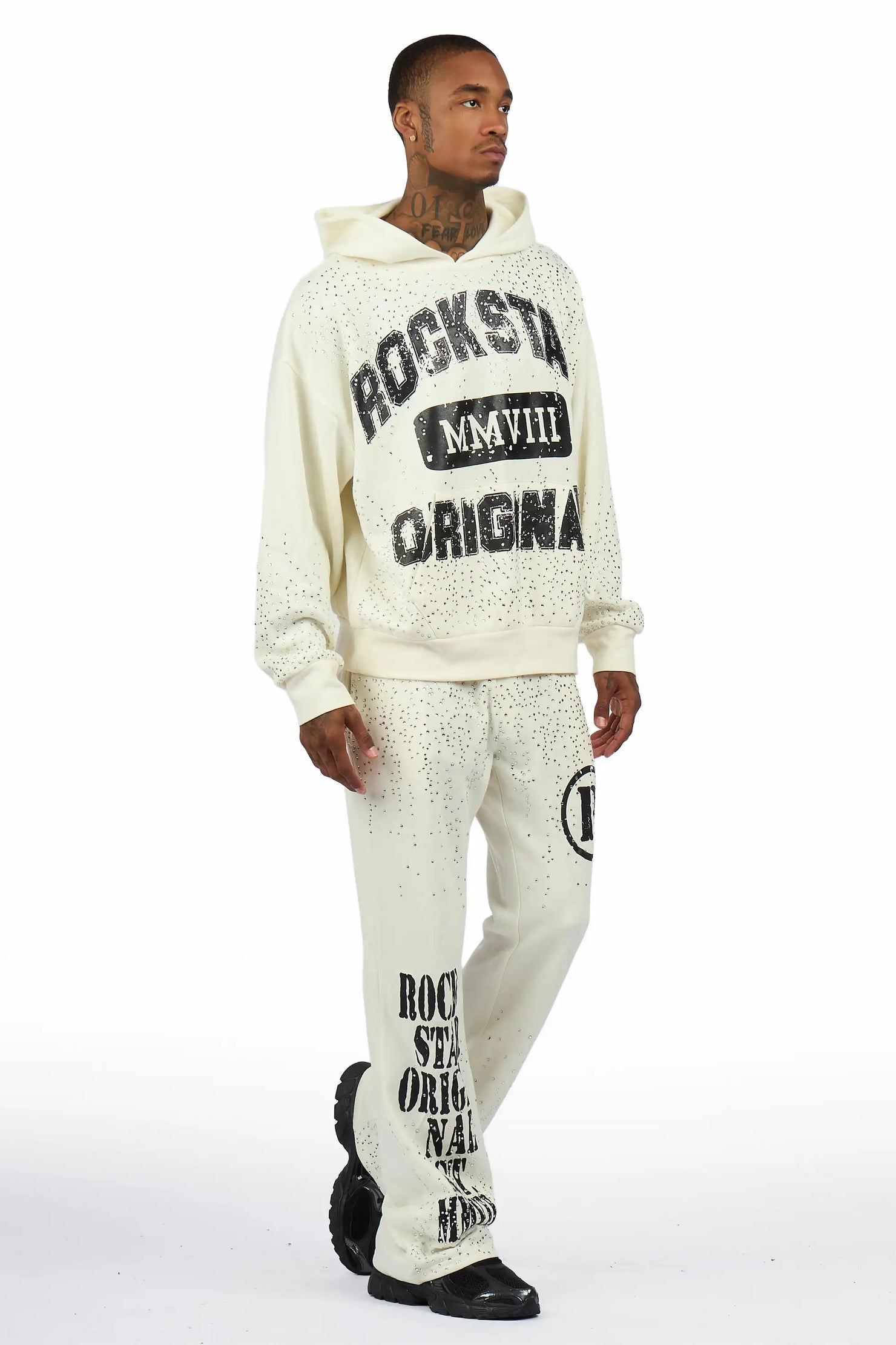 Borya Bone/Black Rhinestone Hoodie Relaxed Track Set