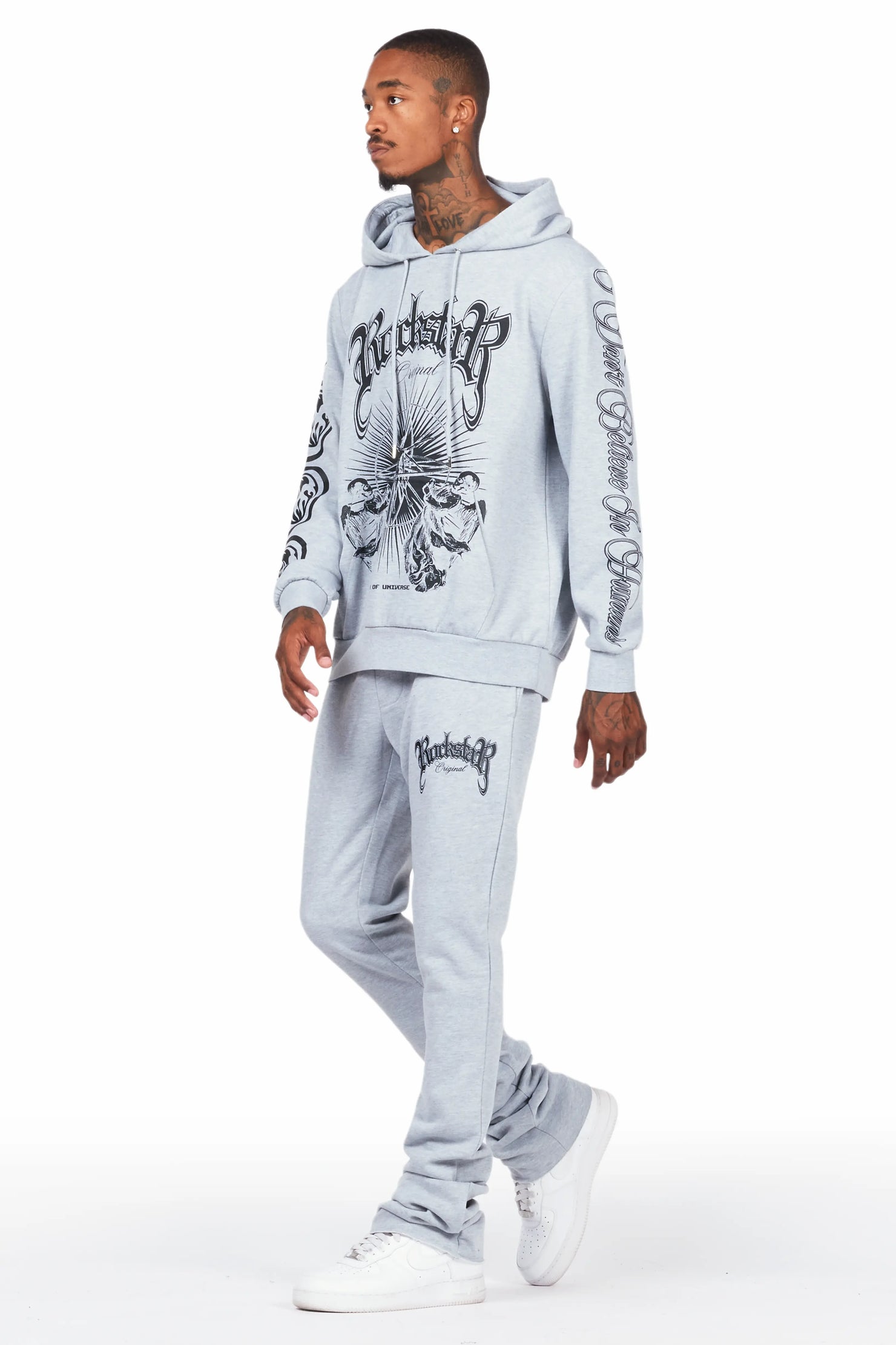 Yarden Grey Graphic Hoodie/Stacked Flare Pant Track Set