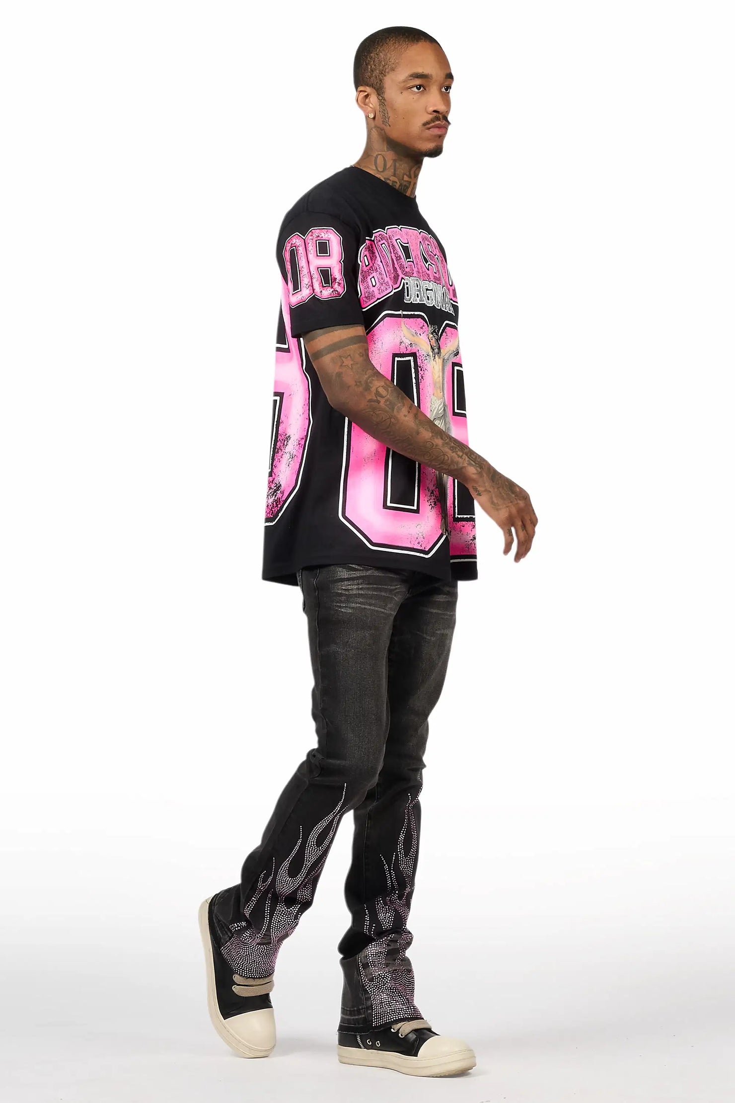 Samba Dark Grey/Pink Rhinestone Stacked Flare Jean
