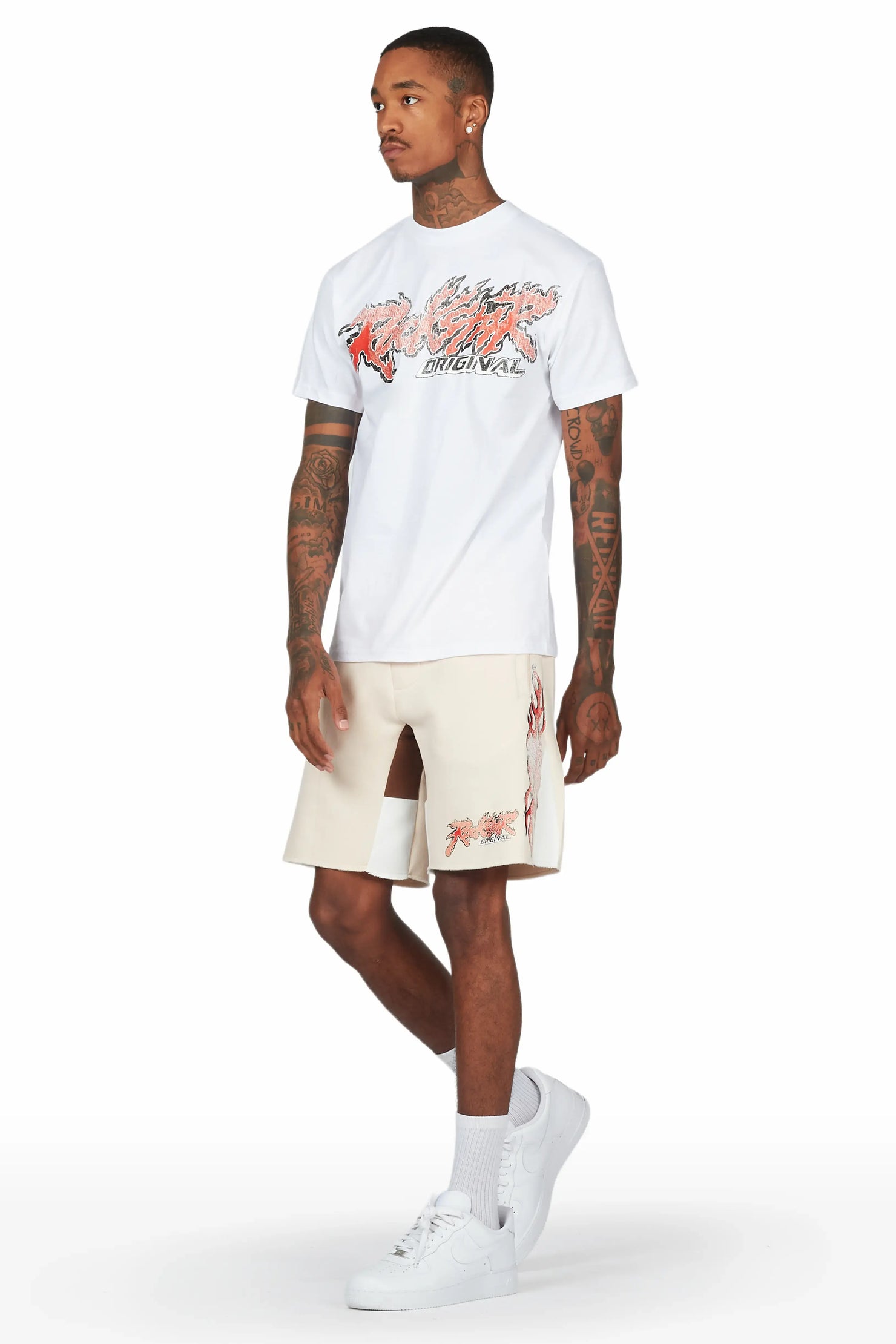 Yash White/Beige T-Shirt Short Set