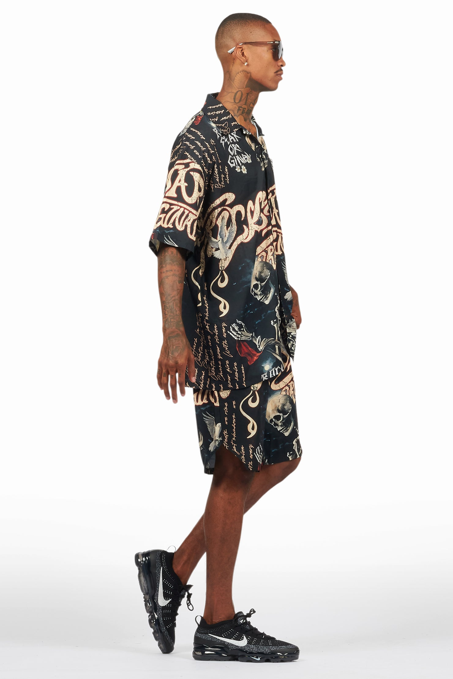 Clout Black Button Down Short Set