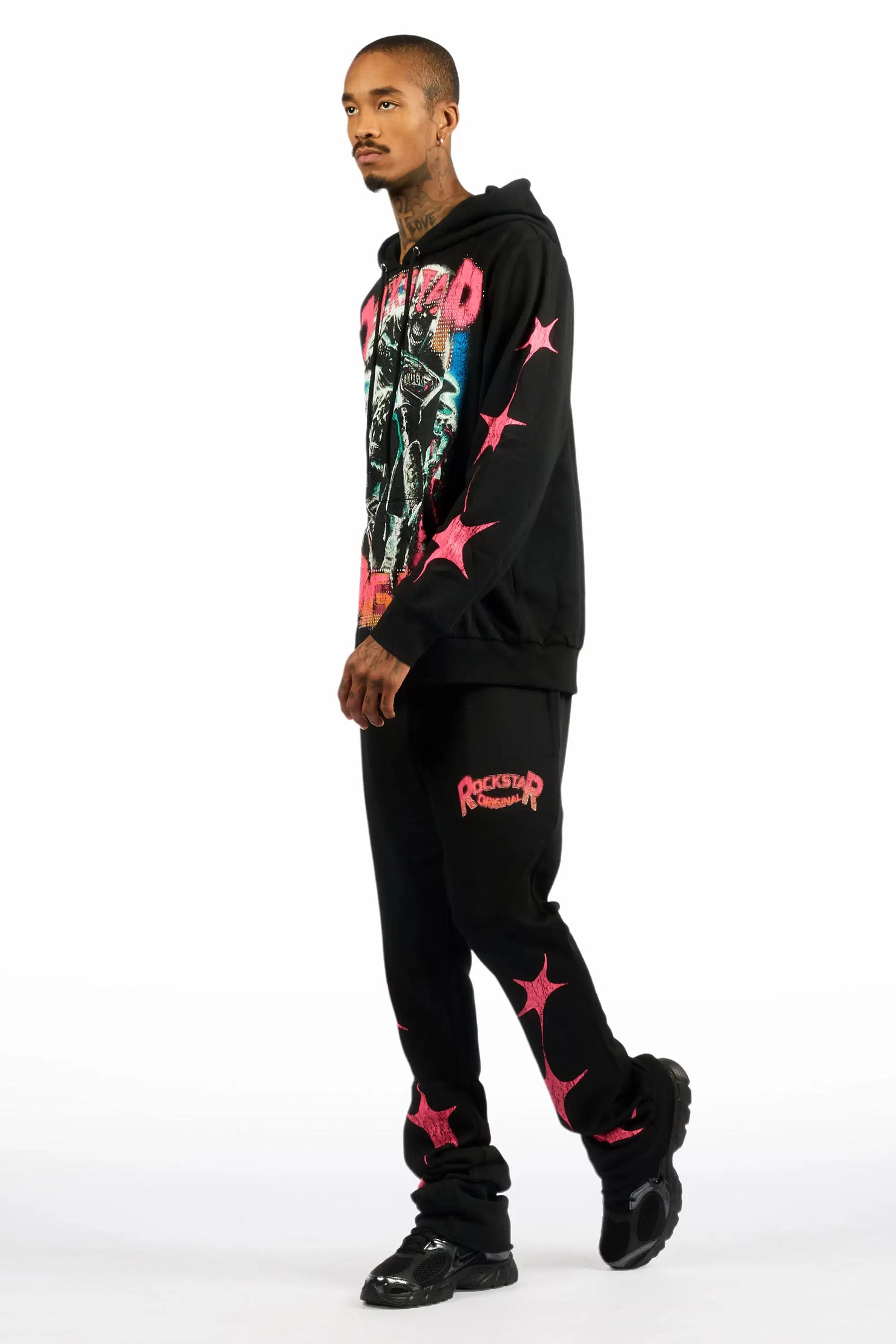 Trezno Black Hoodie/Stacked Pant Track Set