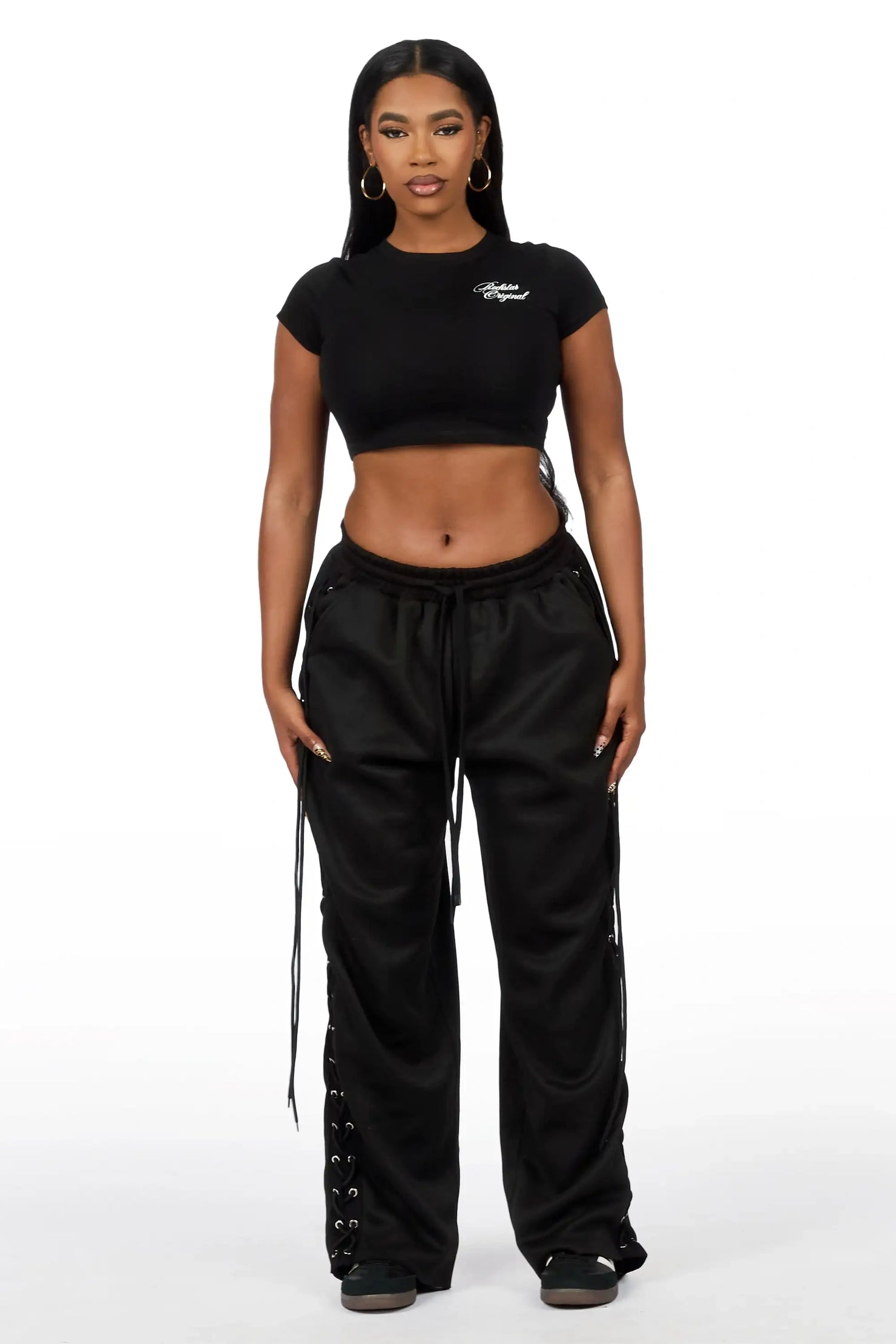 Desire Black Lace Up  Crop T-Shirt Baggy Track Set