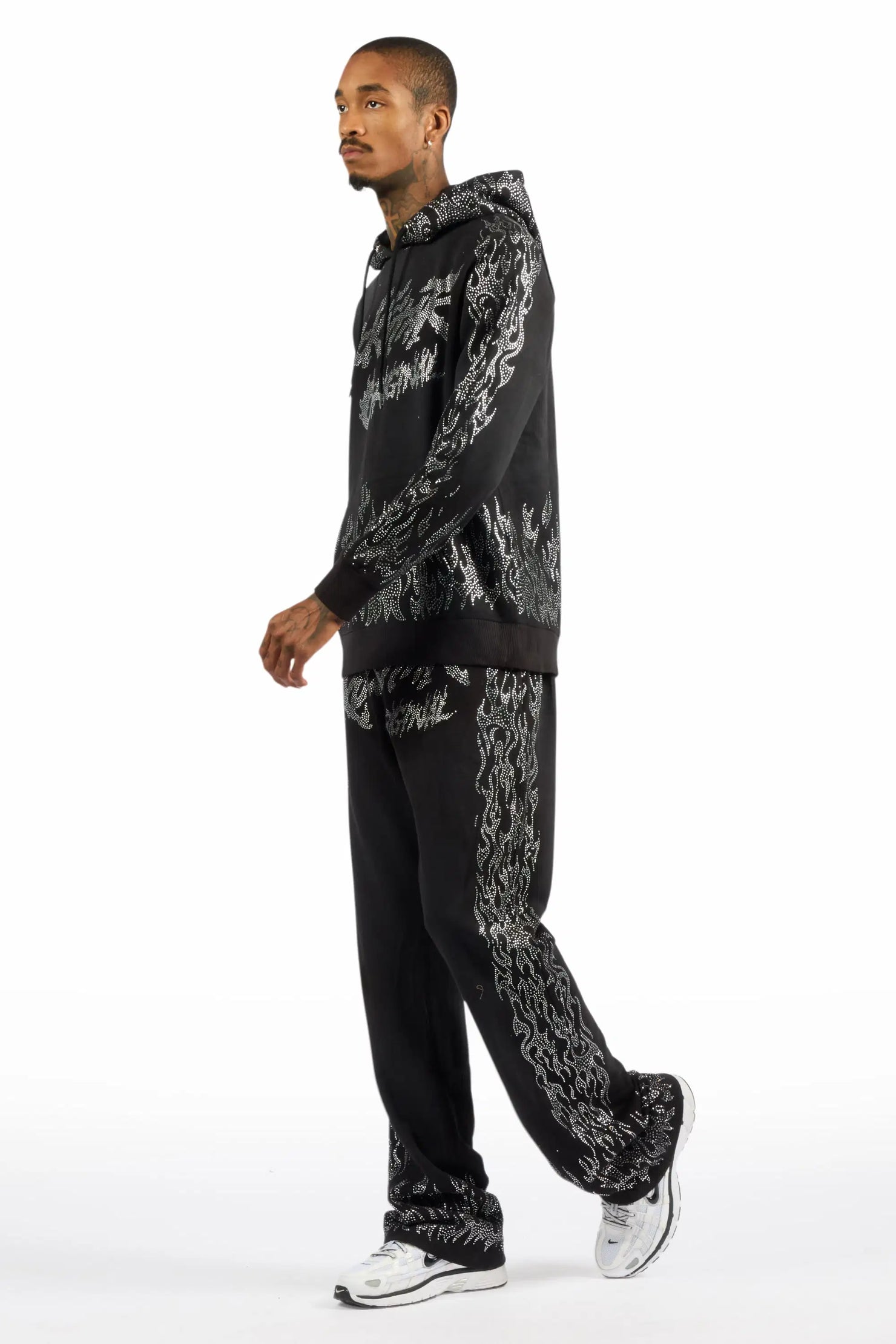 Bubble Black Rhinestone Stacked Flare Hoodie Track Set