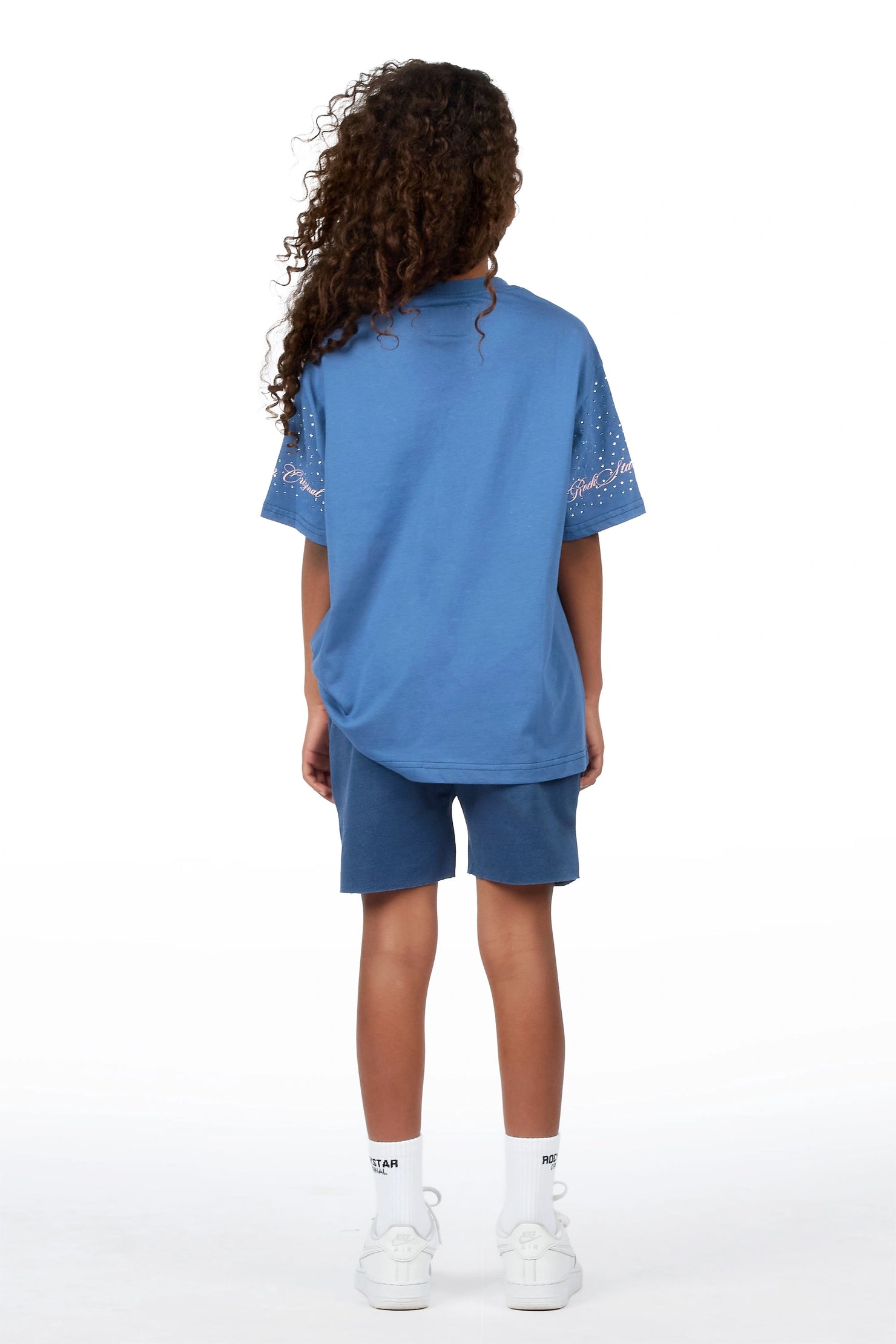 Girls Lakisha Navy Rhinestone Oversized T-Shirt Short Set