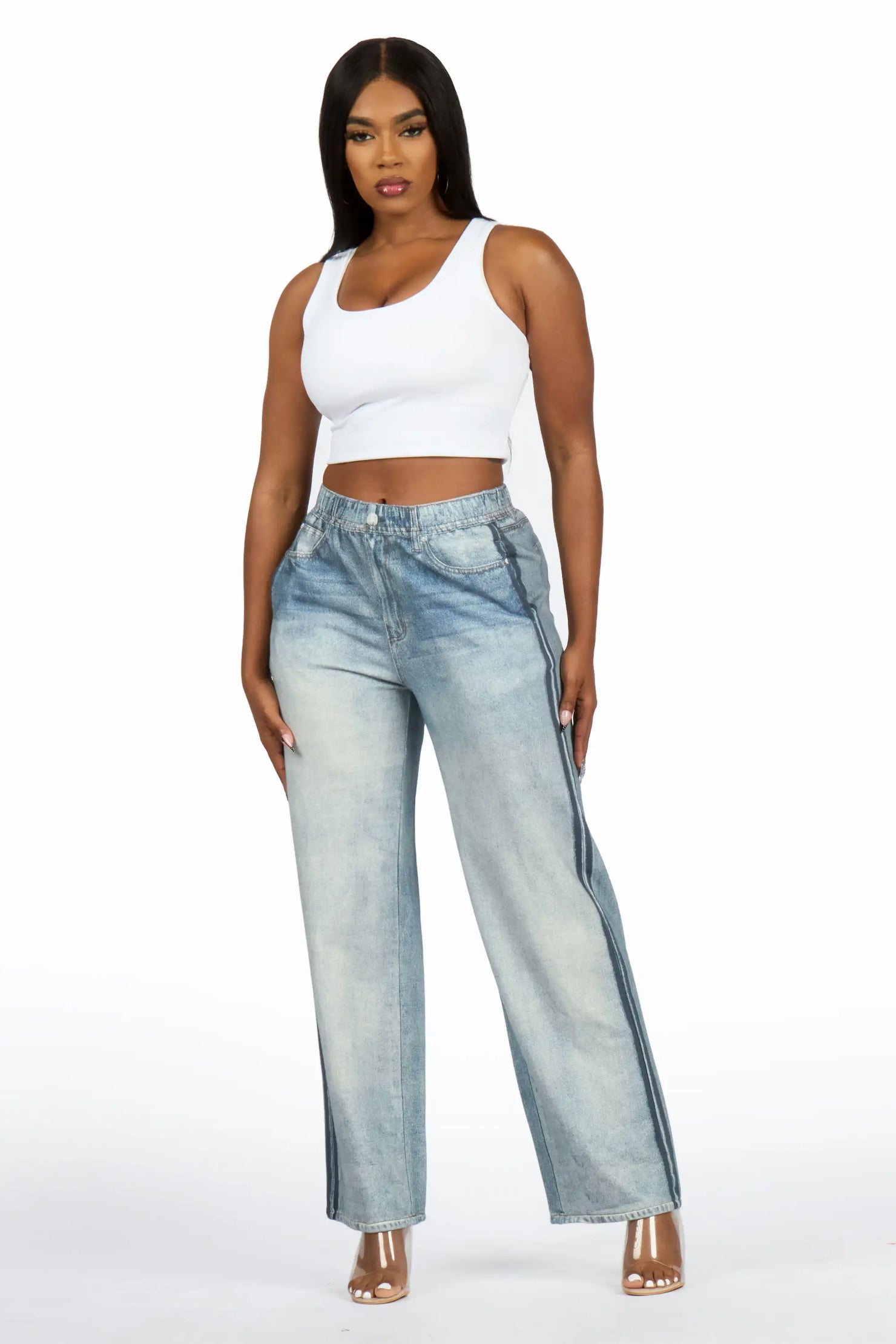 Yonis Light Wash Denim Print Stretch Terry Sweatpant Jean