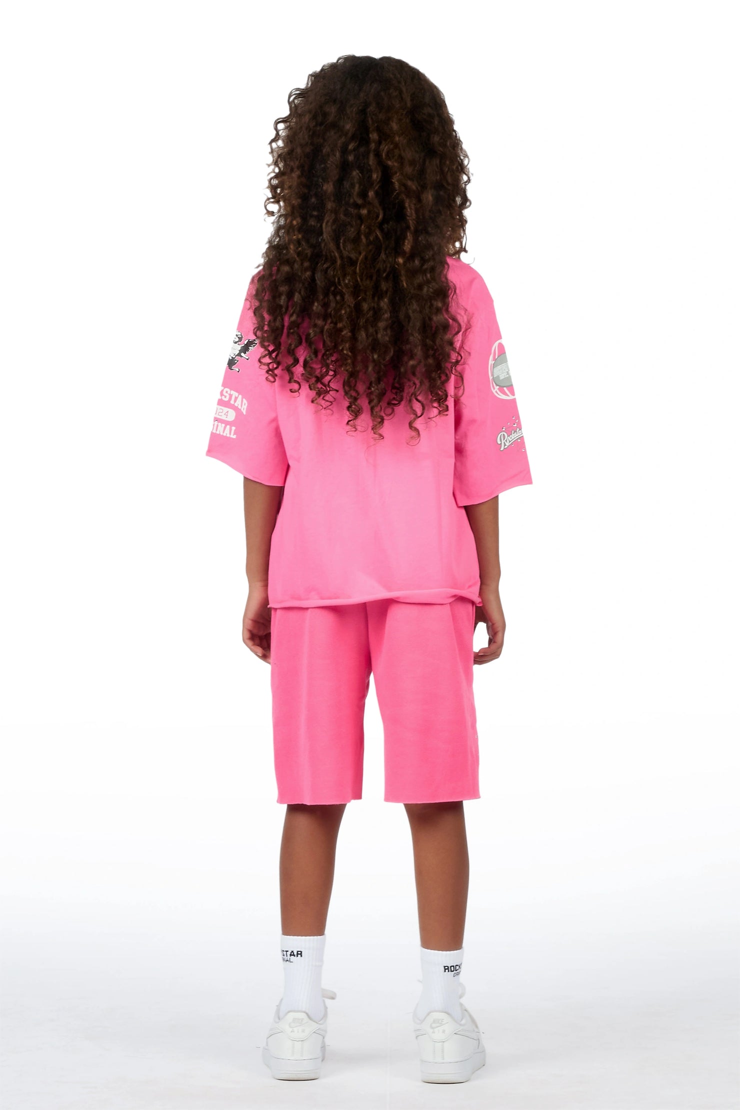 Girls Kyesha Hot Pink Rhinestone Boxy T-Shirt Short Set
