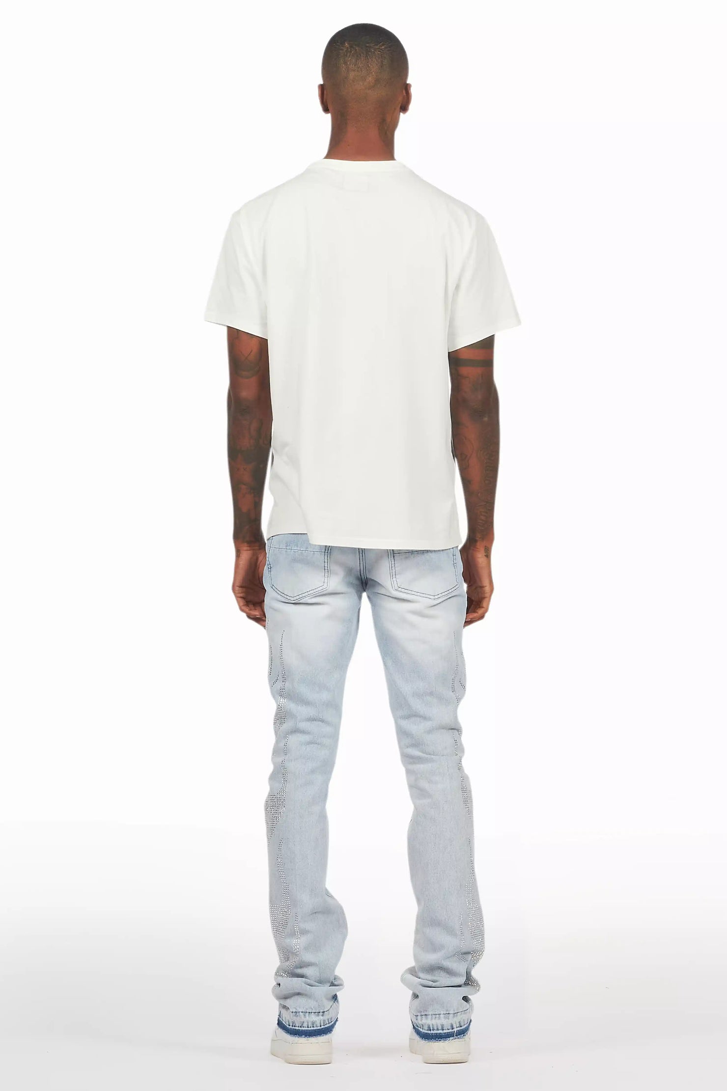 Jian Light Blue Rhinestone Stacked Flare Jean