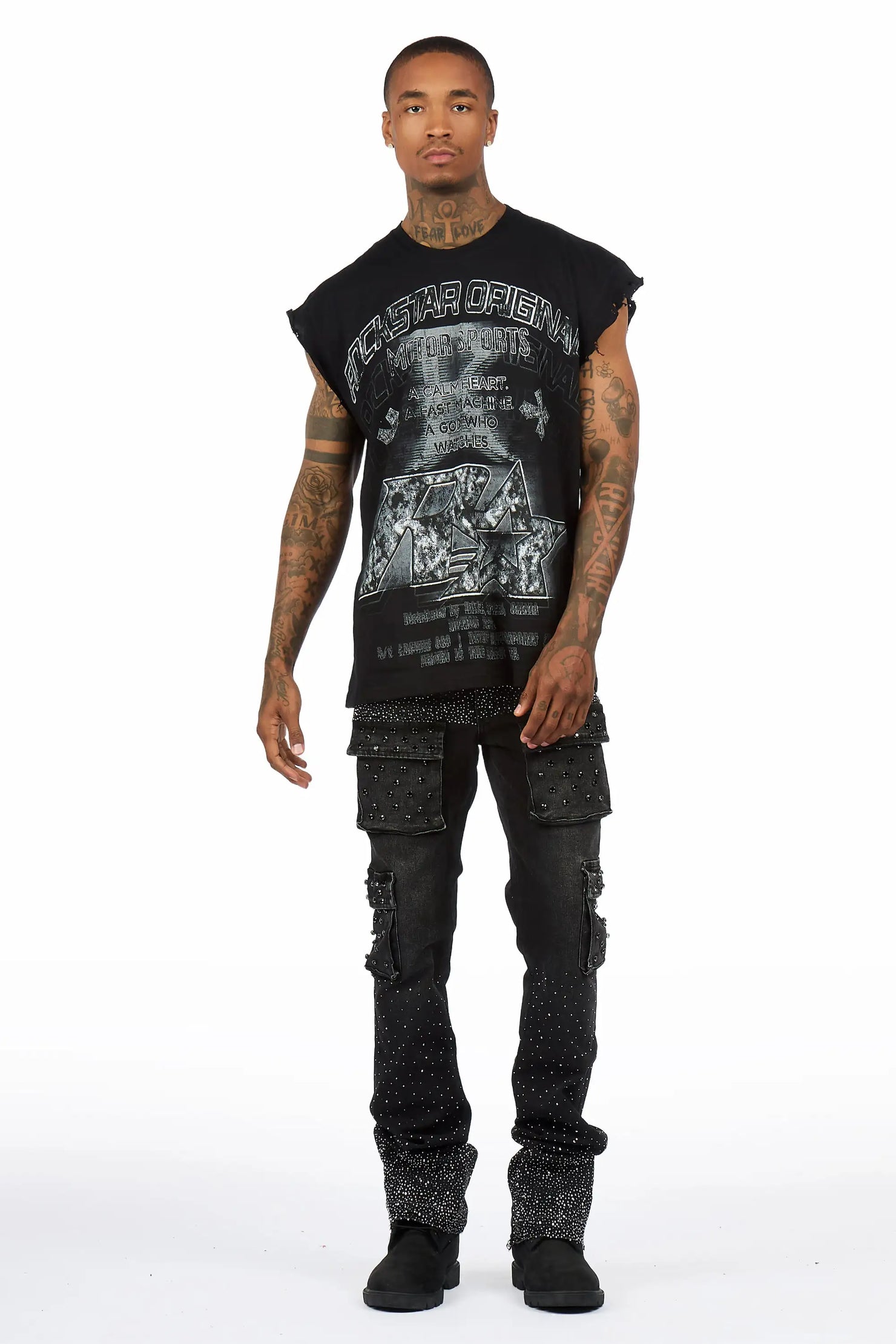 Arman Black Rhinestone Stacked Fit Jean