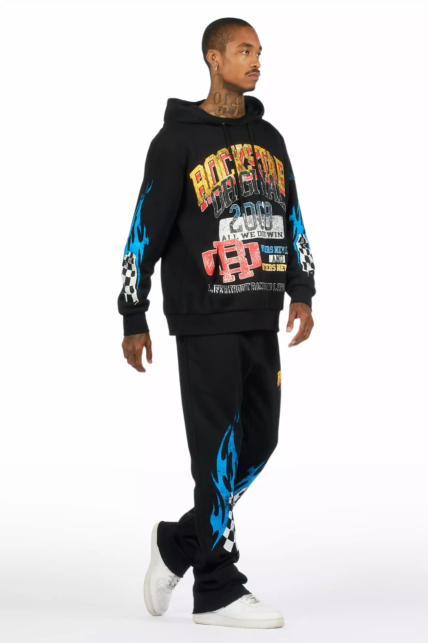 Colorful Race Black Hoodie Stacked Track Set