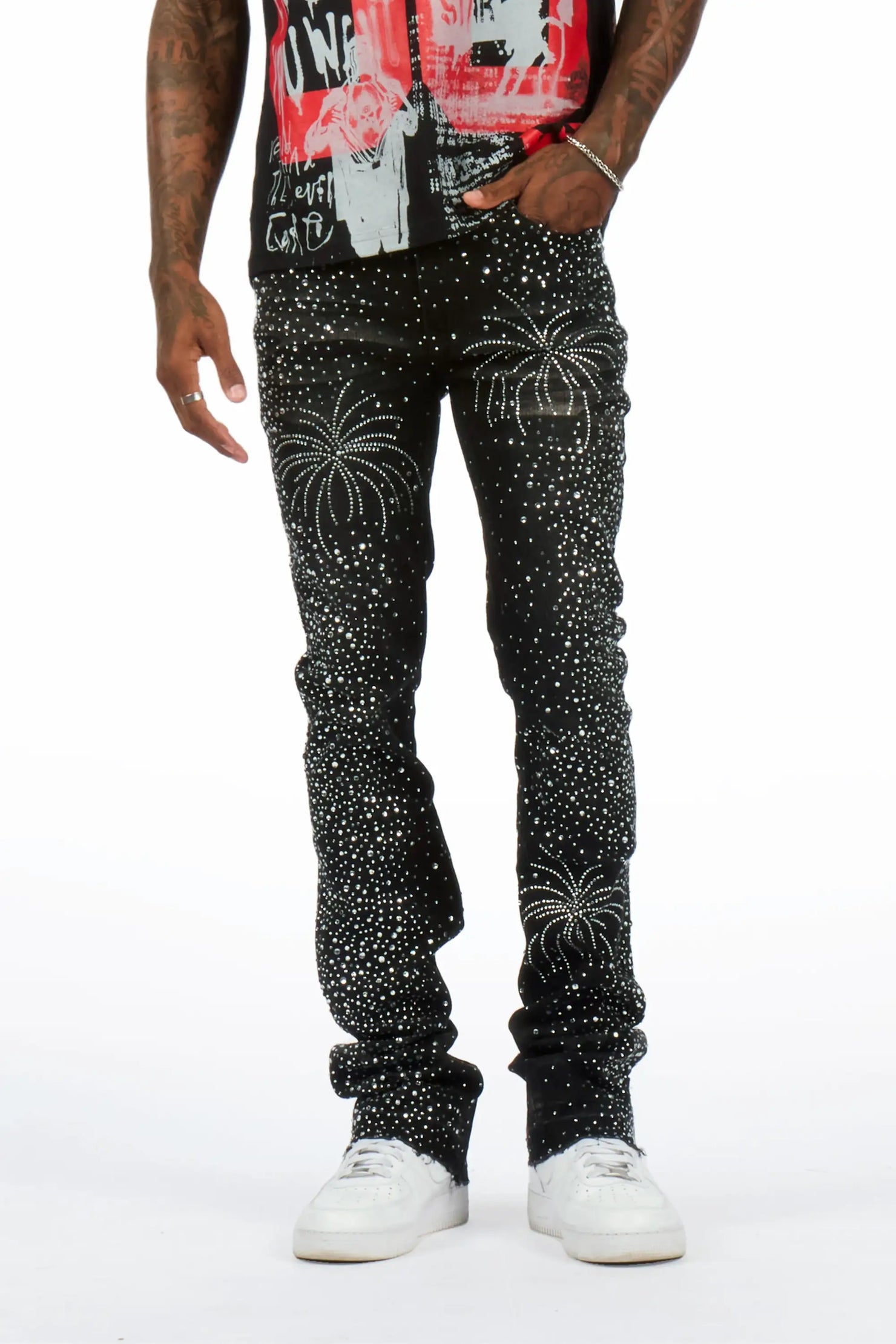Raiden Dark Grey Rhinestone Stacked Fit Jean