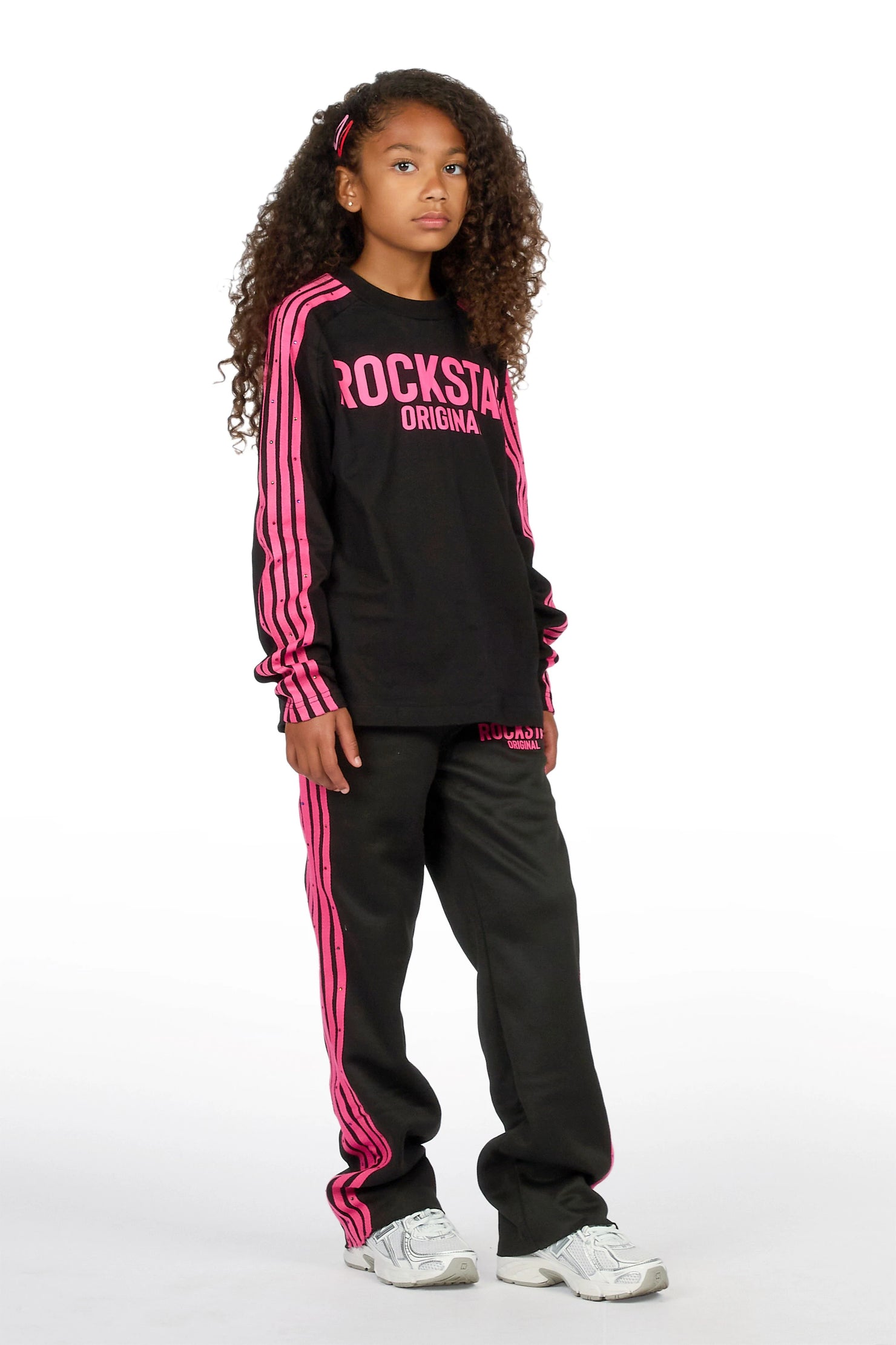 Girls Gulisa Black/Pink Rhinestone Long Sleeve Shirt Relaxed Track Set