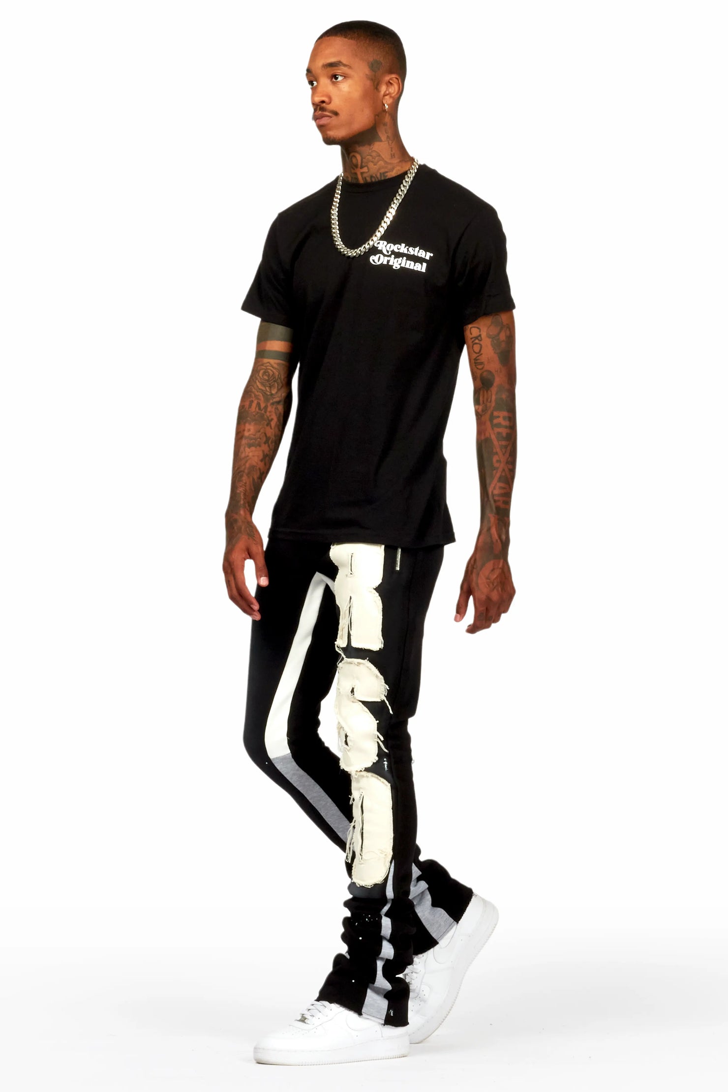 Acotas Black/Beige Patchwork Super Stacked Flare Pants