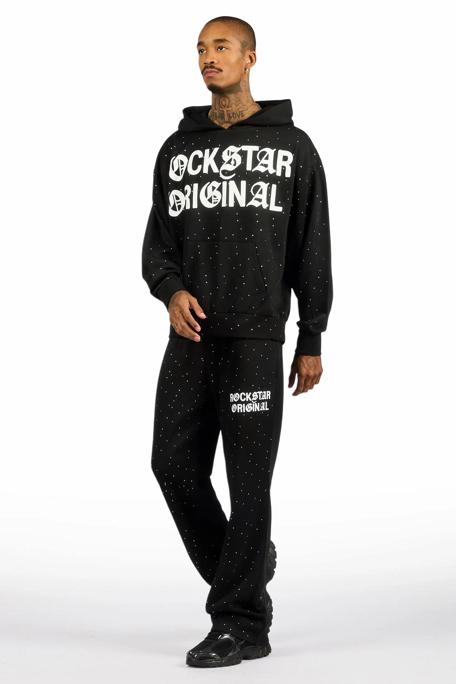 Seren Black/White Rhinestone Hoodie Relaxed Track Set