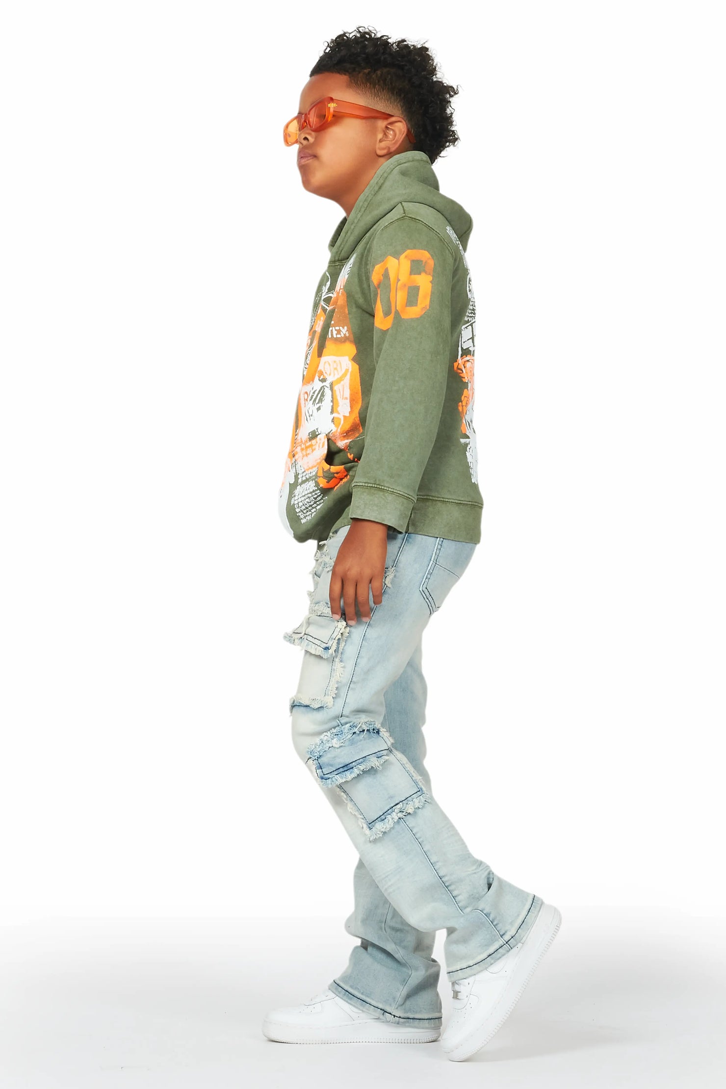 Boys Beau Vintage Green Hoodie/Stacked Flare Jean Set
