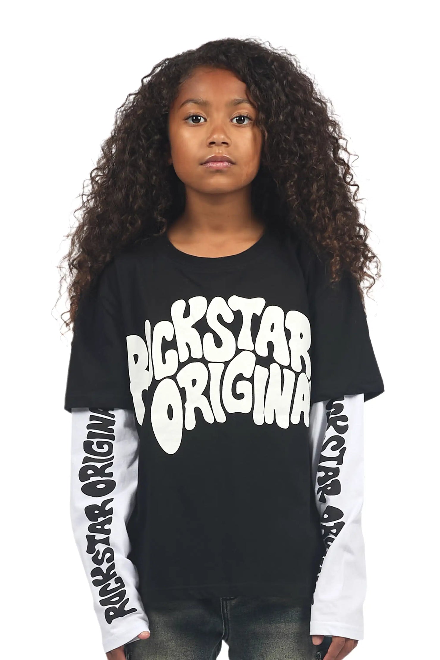Girls Monique Black/White Double Layer L/S Graphic T-Shirt