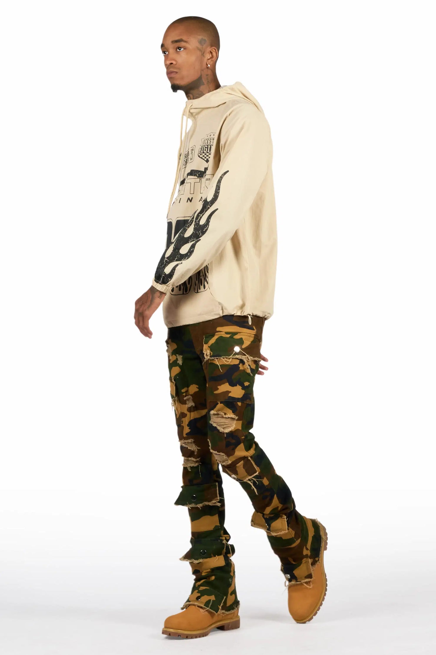 Amos Beige/Camo Windbreaker/Stacked Flare Jean Set