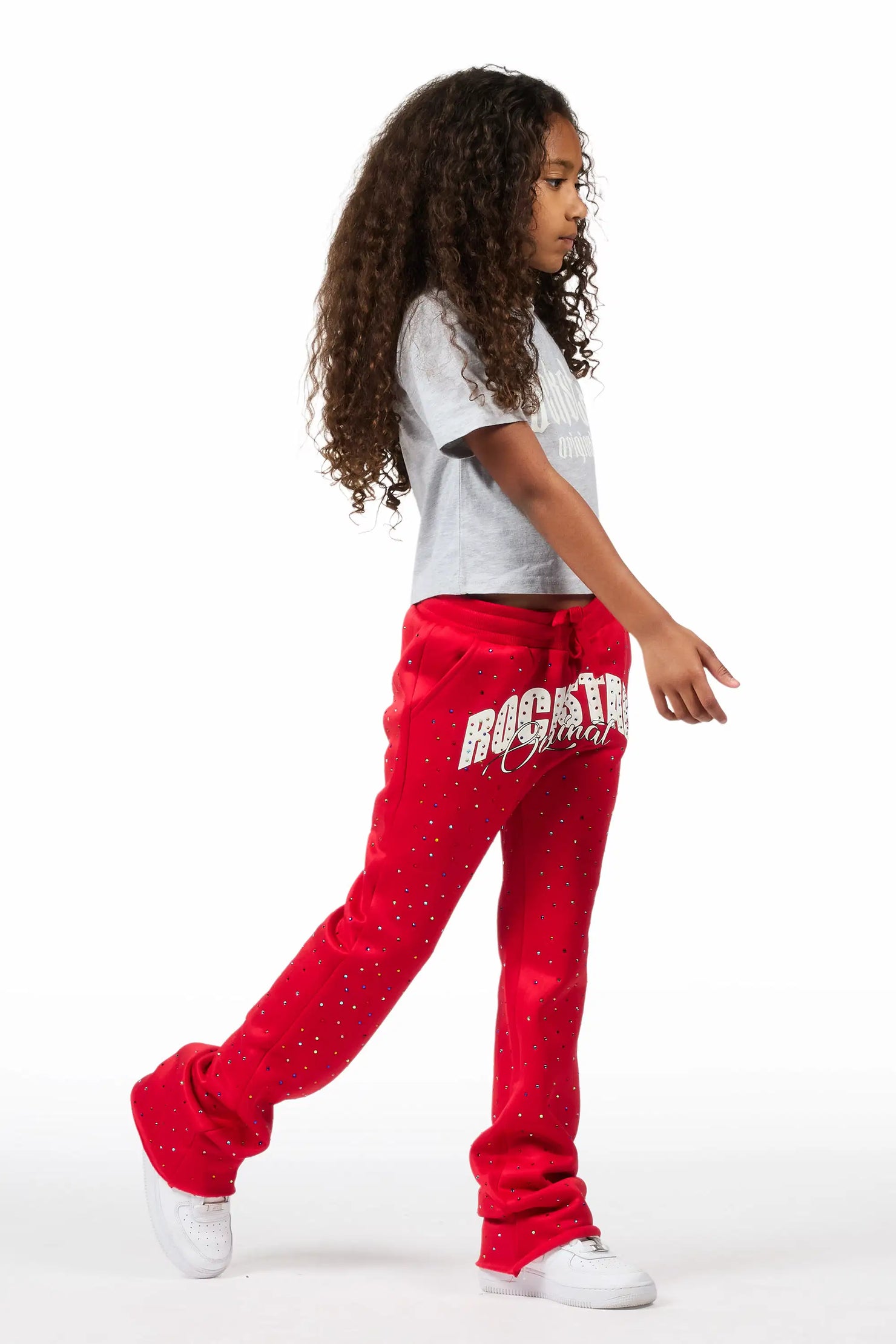 Girls Franchesca Red Rhinestone Stacked Track Pant