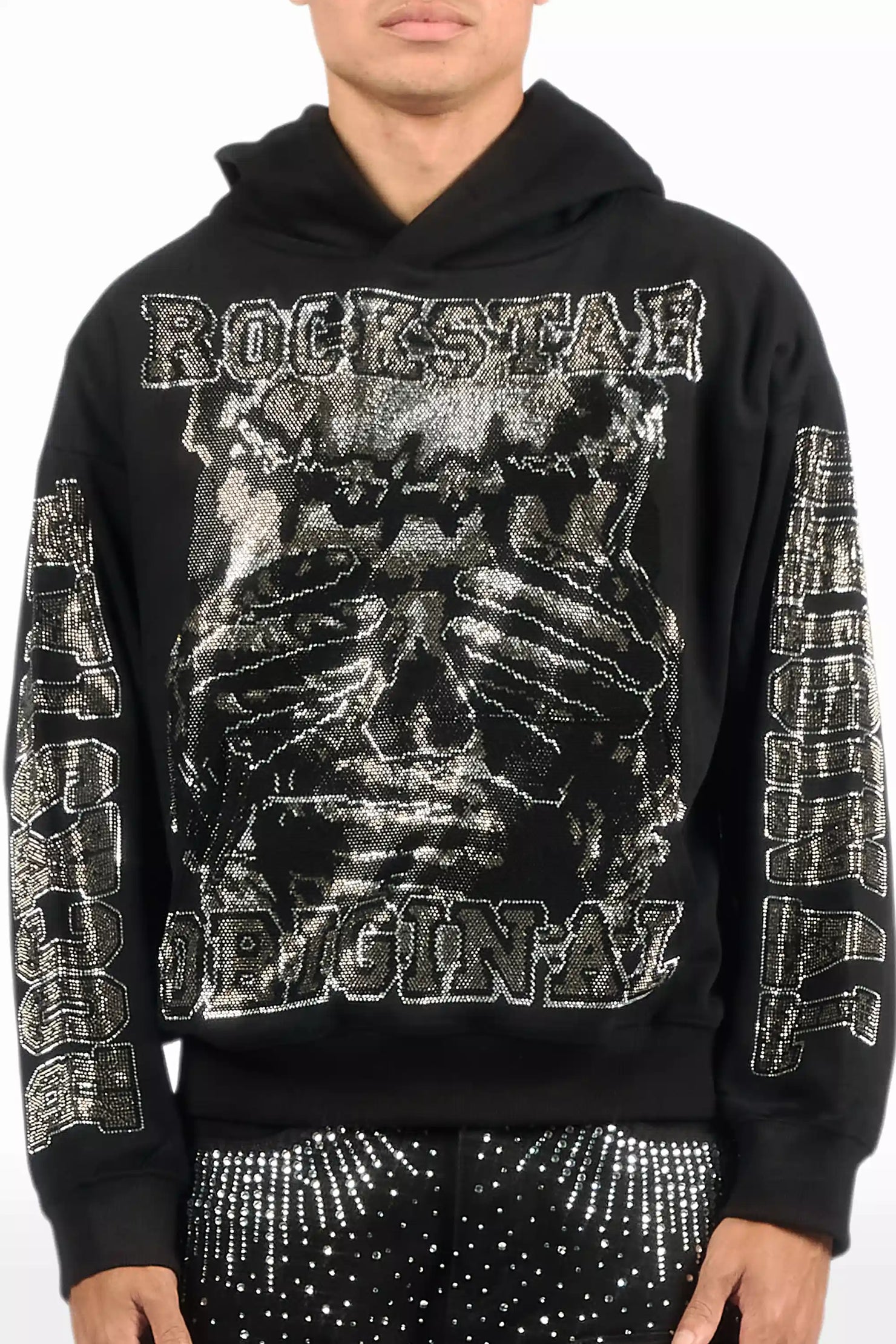 Move In Silence Black Rhinestone Oversized Hoodie