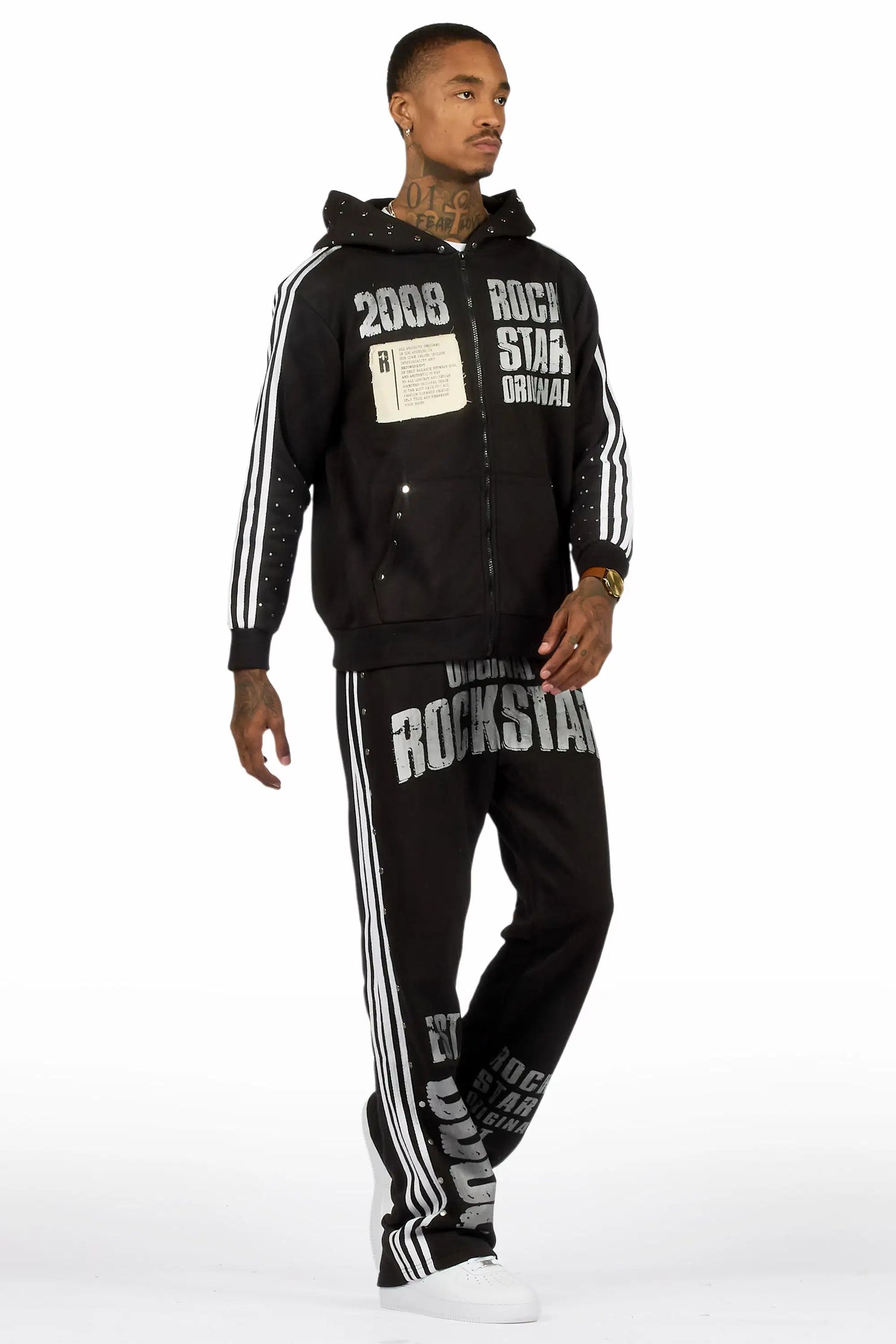 Gusti Black Rhinestone Stacked Flare Hoodie Track Set