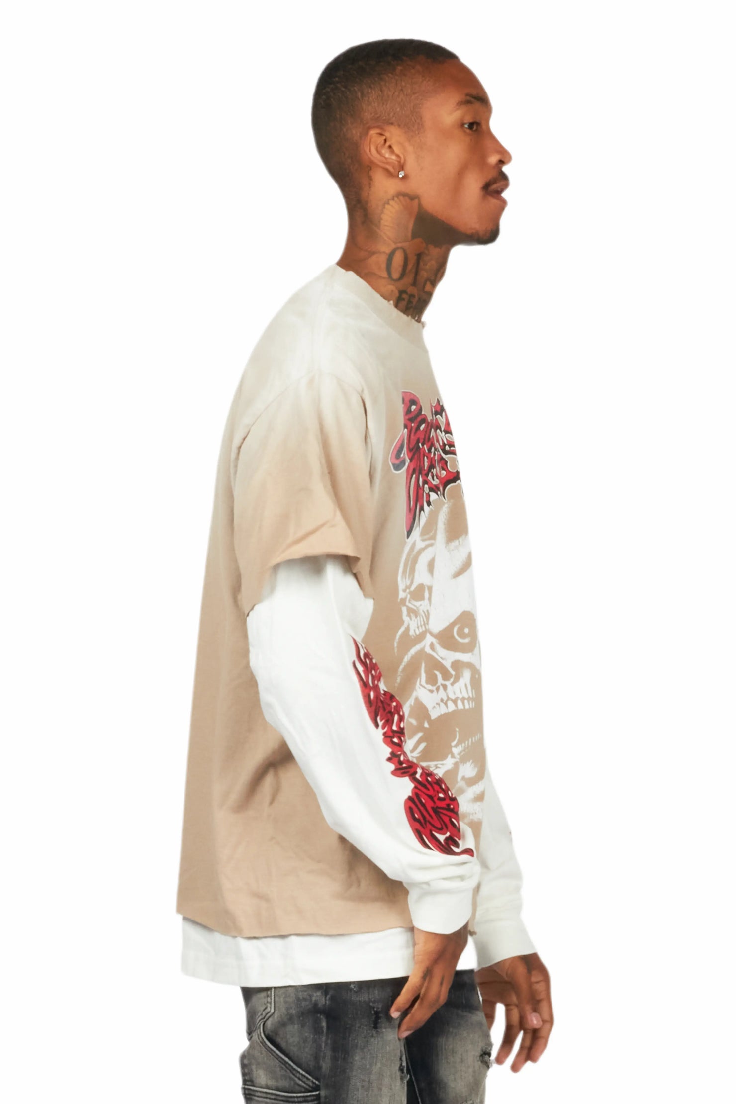 Schtupp Beige/White Double Layer Long Sleeve Graphic T-Shirt