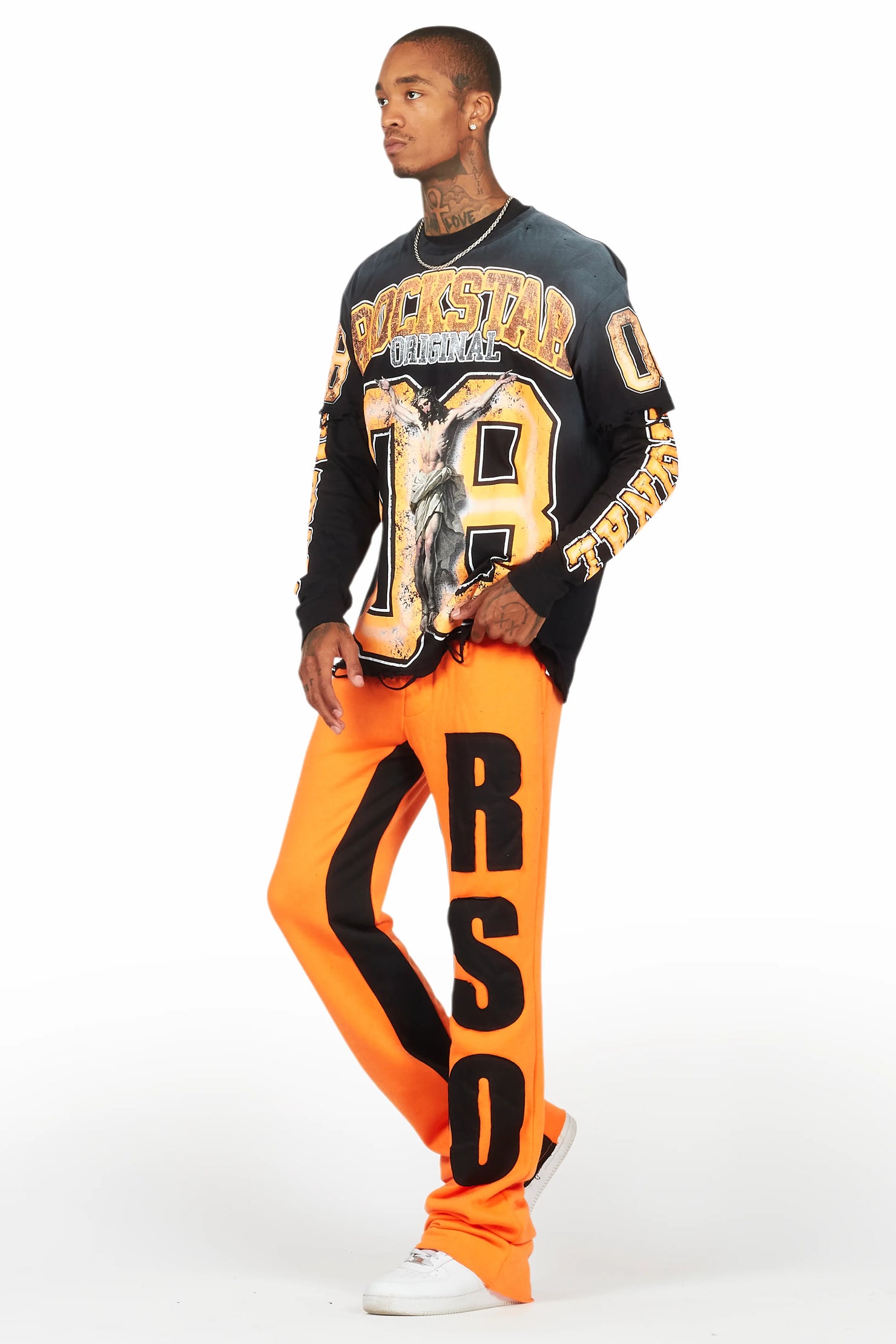 Fields Black/Orange Double Layer T-Shirt/Stacked Baggy Track Set