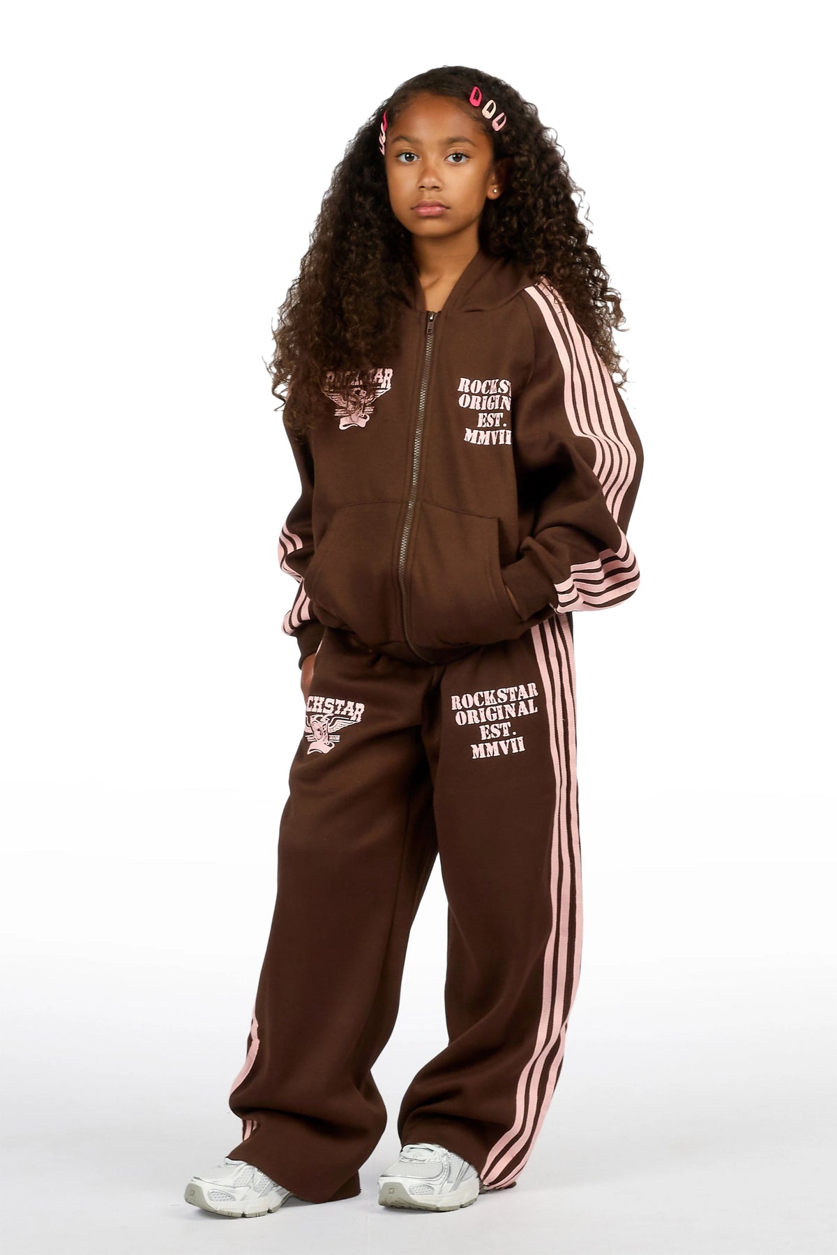 Girls Maniera Brown/Pink Zip Up Hoodie Relaxed Pant Track Set