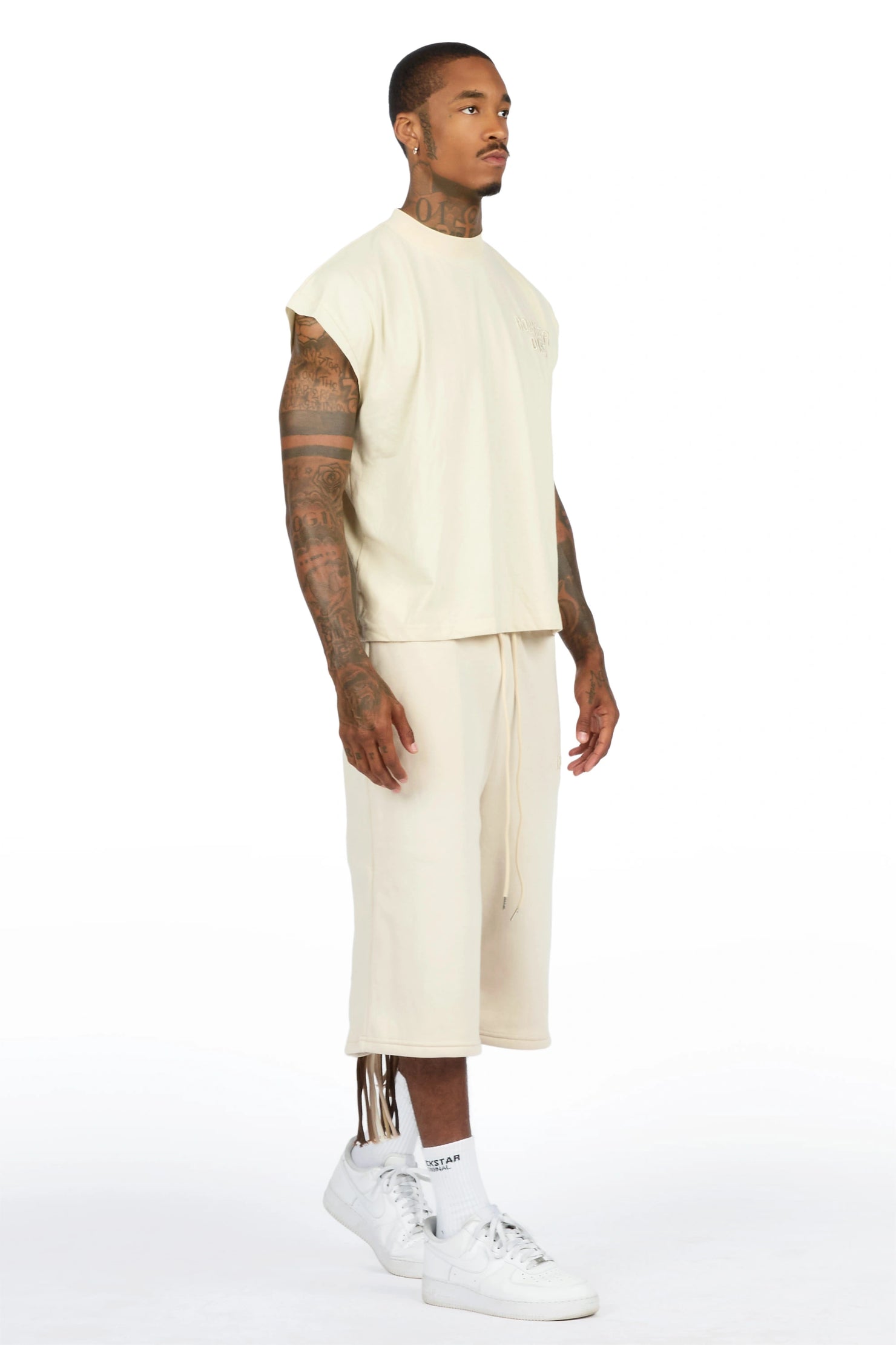 Jolan Beige Cut Sleeve T-Shirt/Jort Set